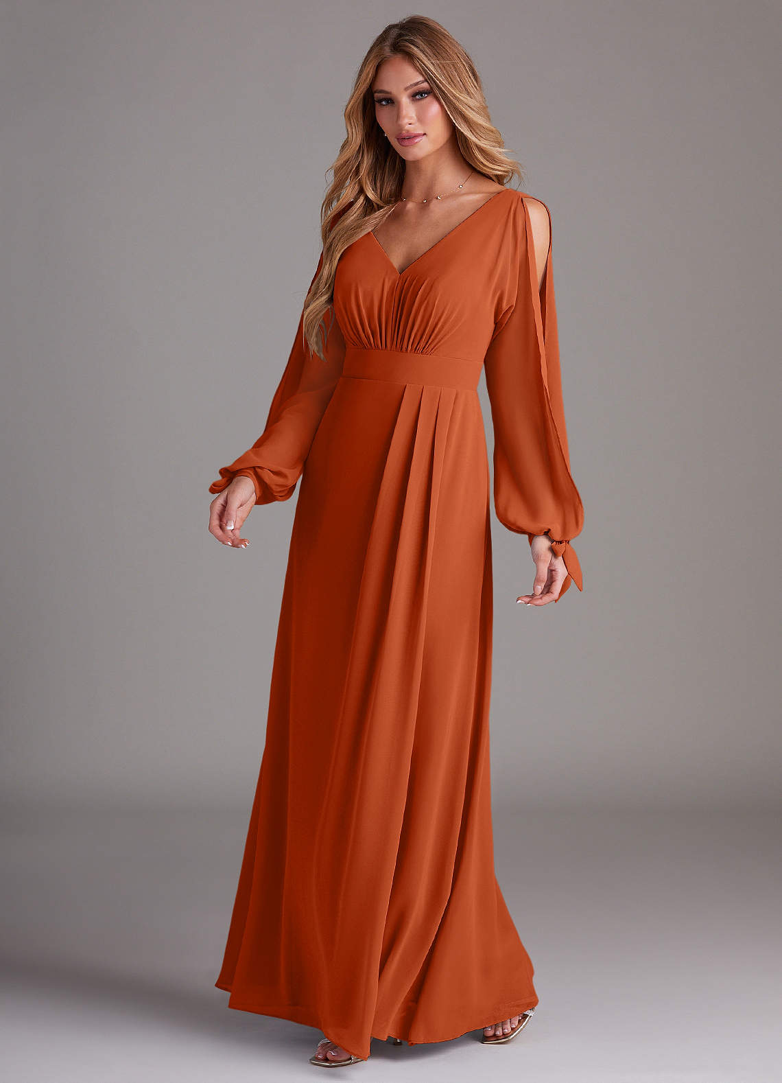 Azazie Matilda Bridesmaid Dresses Burnt Orange A-Line Long Sleeve Chiffon Dress image1