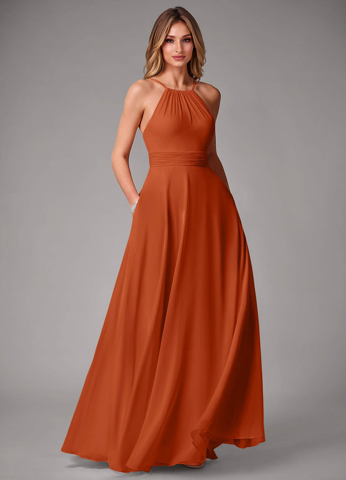 Azazie Amalia Robes de demoiselle d'honneur Robe Trapèze en Mousseline de soie Plissée Orange Brûlée image1