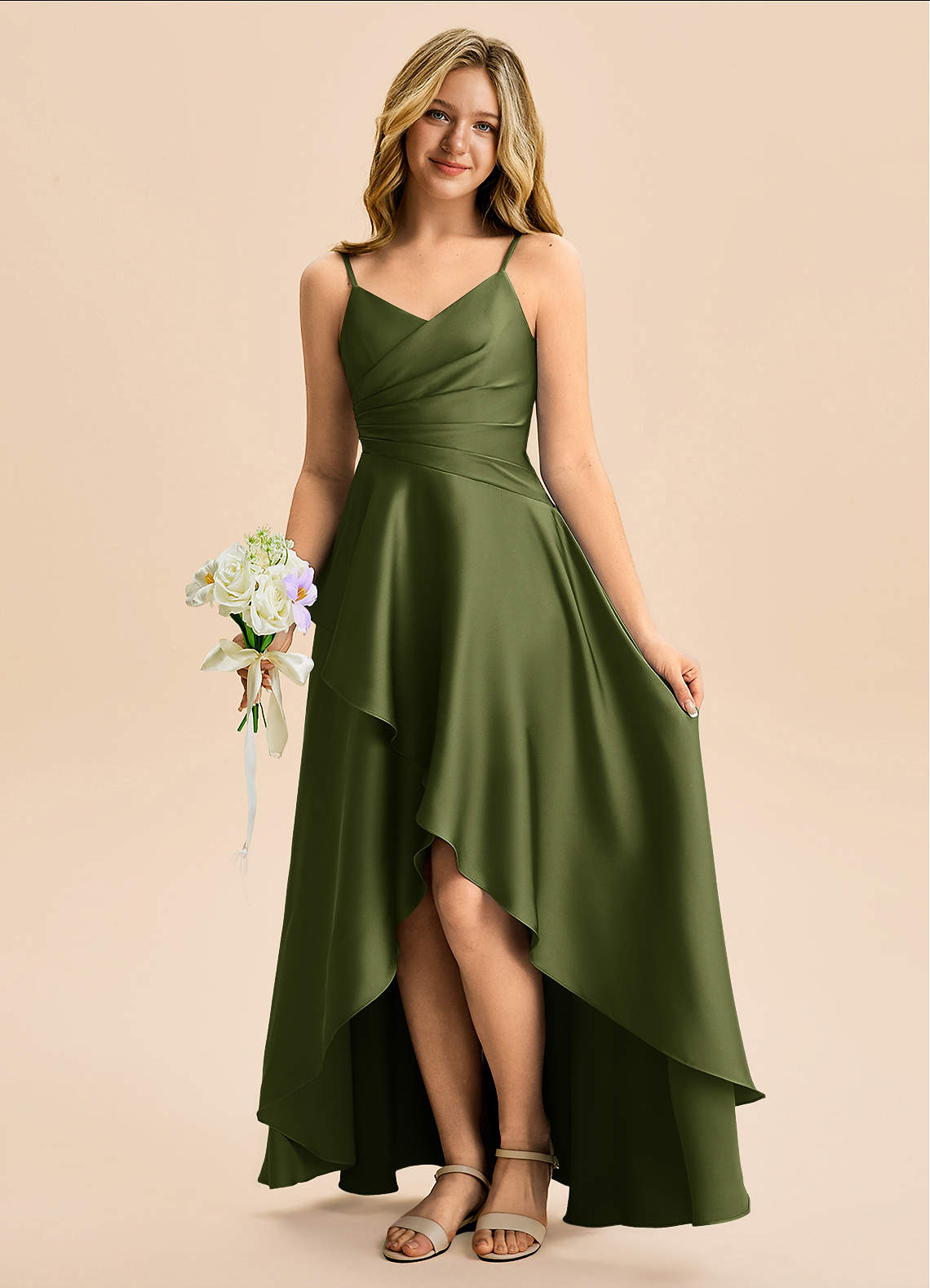 Azazie Eirlys Junior Bridesmaid Dress in Olive | Azazie