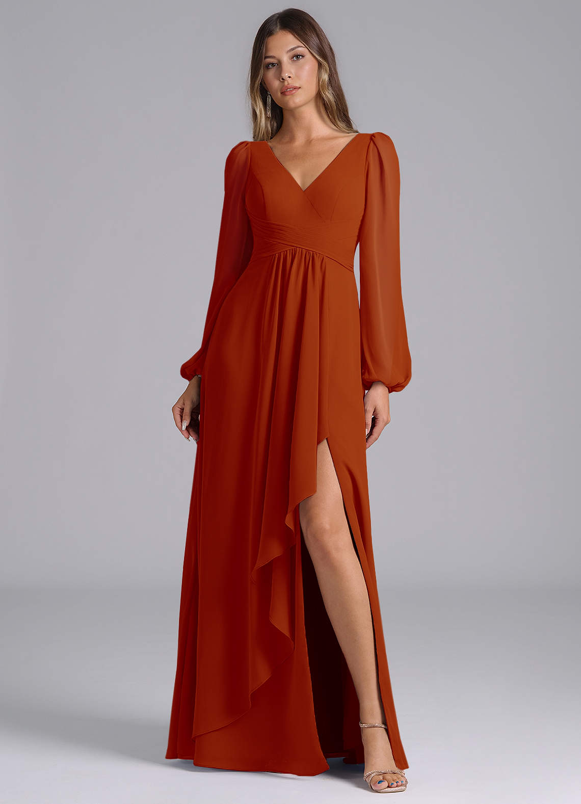 Azazie Omari Bridesmaid Dresses Paprika A-Line Long Sleeve Chiffon Dress image1