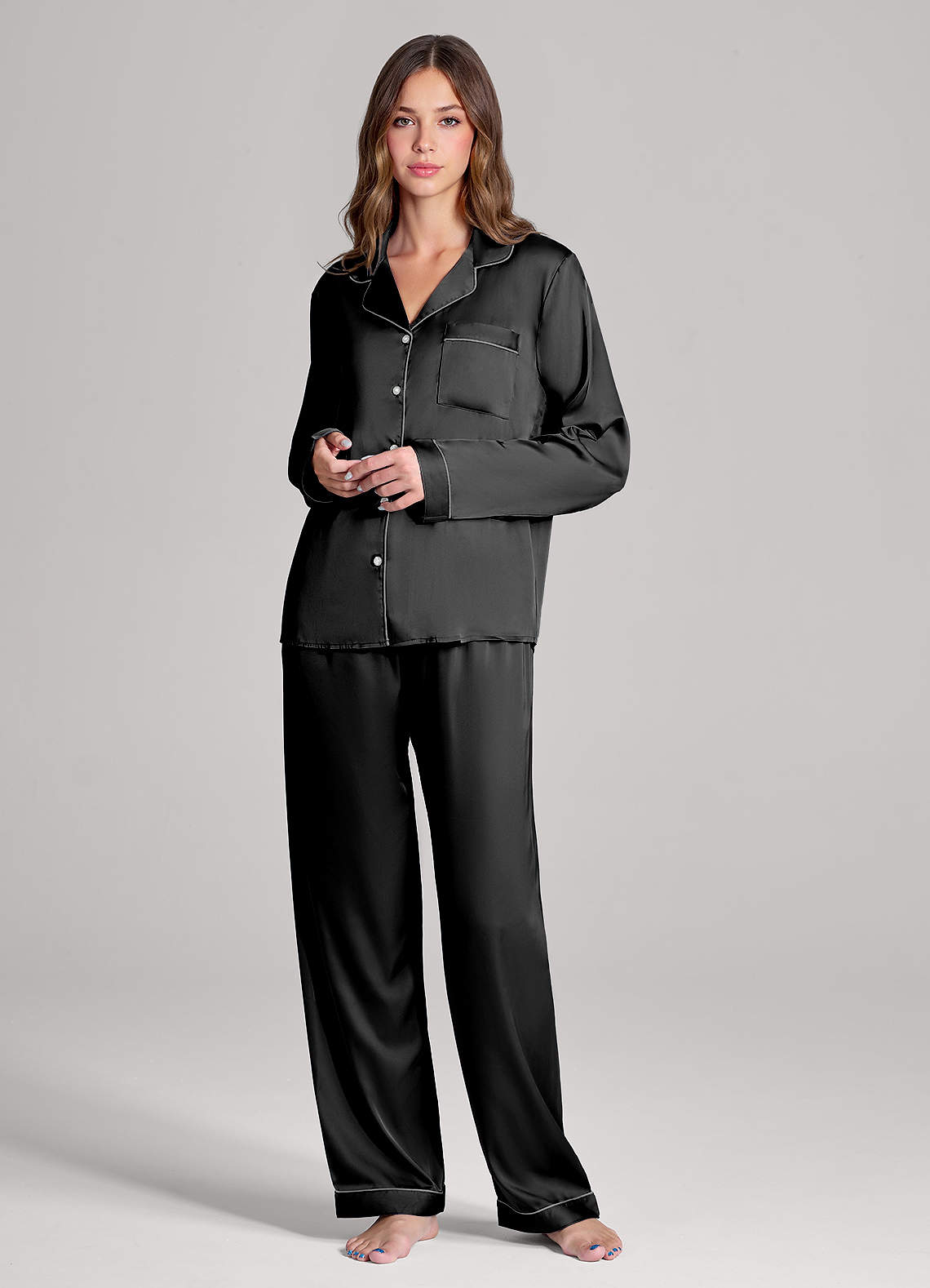 front Matching Color Long Sleeves and Pants Satin PJ Set
