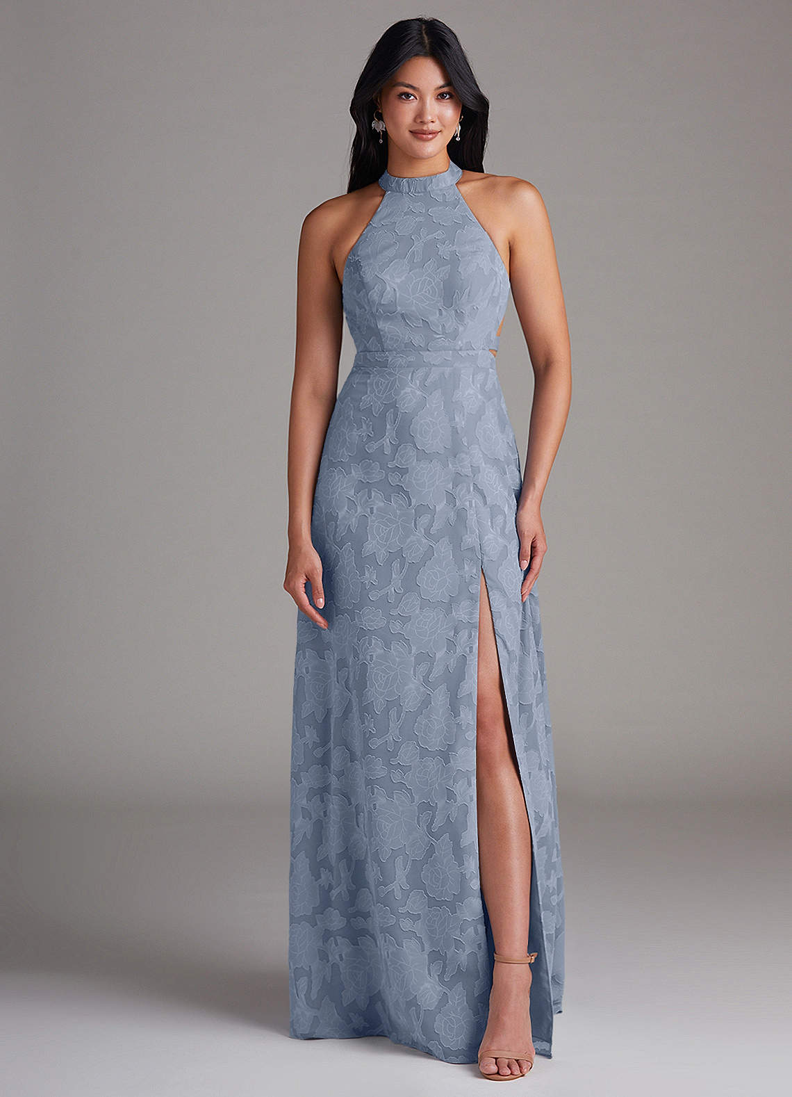 Azazie Clarice Jurken voor bruidsmeisjes Jurk van Bloemen Burn-out met A-Lijn Zijsplit Stoffig Blauw image3