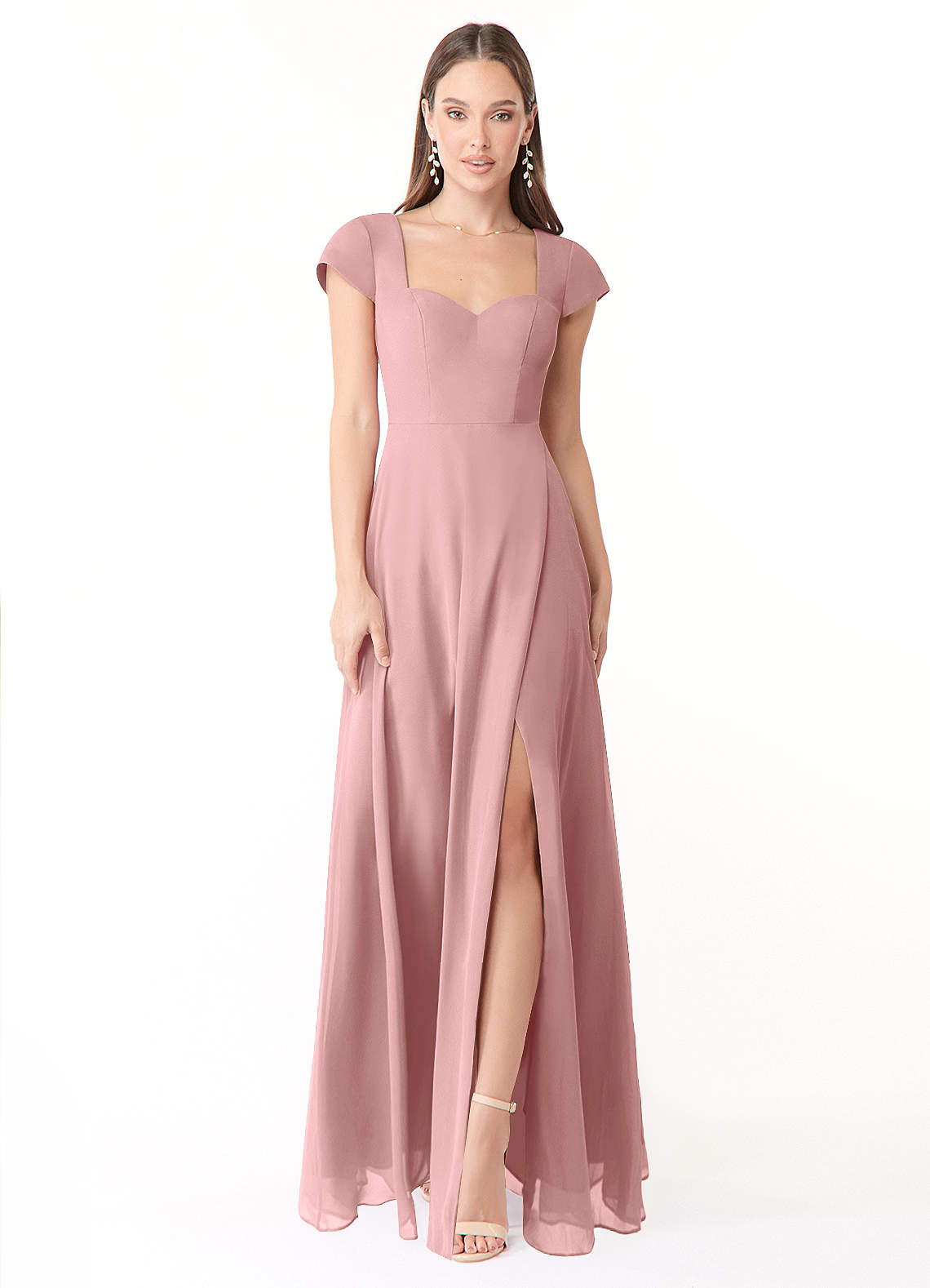 Azazie Hainsly Robes de demoiselle d'honneur Robe Trapèze en Mousseline de soie Encolure en Forme de Cœur Rose Poussiéreuse image1