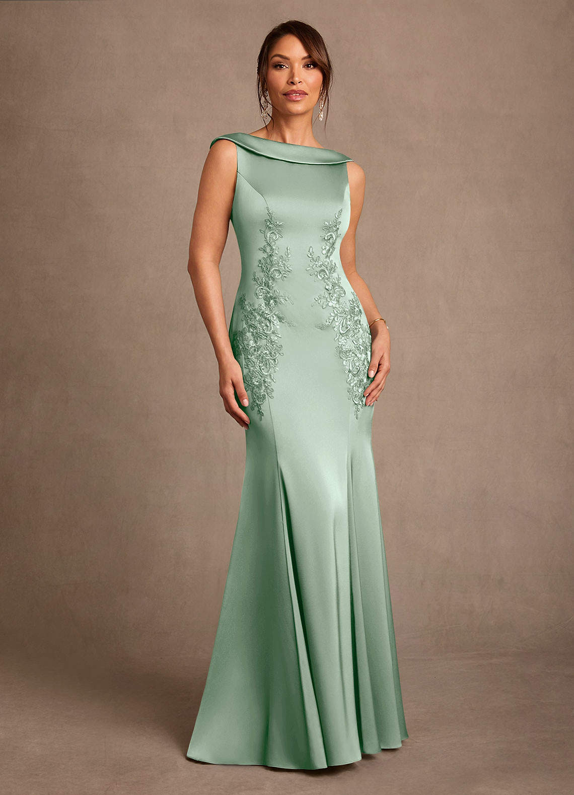 Azazie Franny Agave Sheath Lace Stretch Satin Dress | Azazie