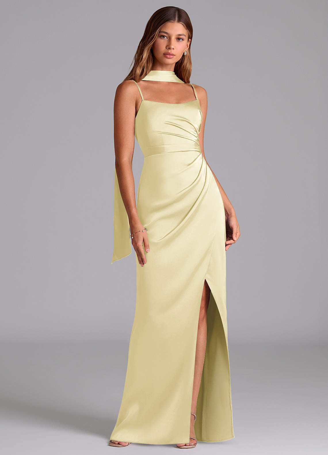 Azazie Calandra Brudtärnklänningar Klä av A-Linje i Stretch Satin Plisserad Citronsorbet image1
