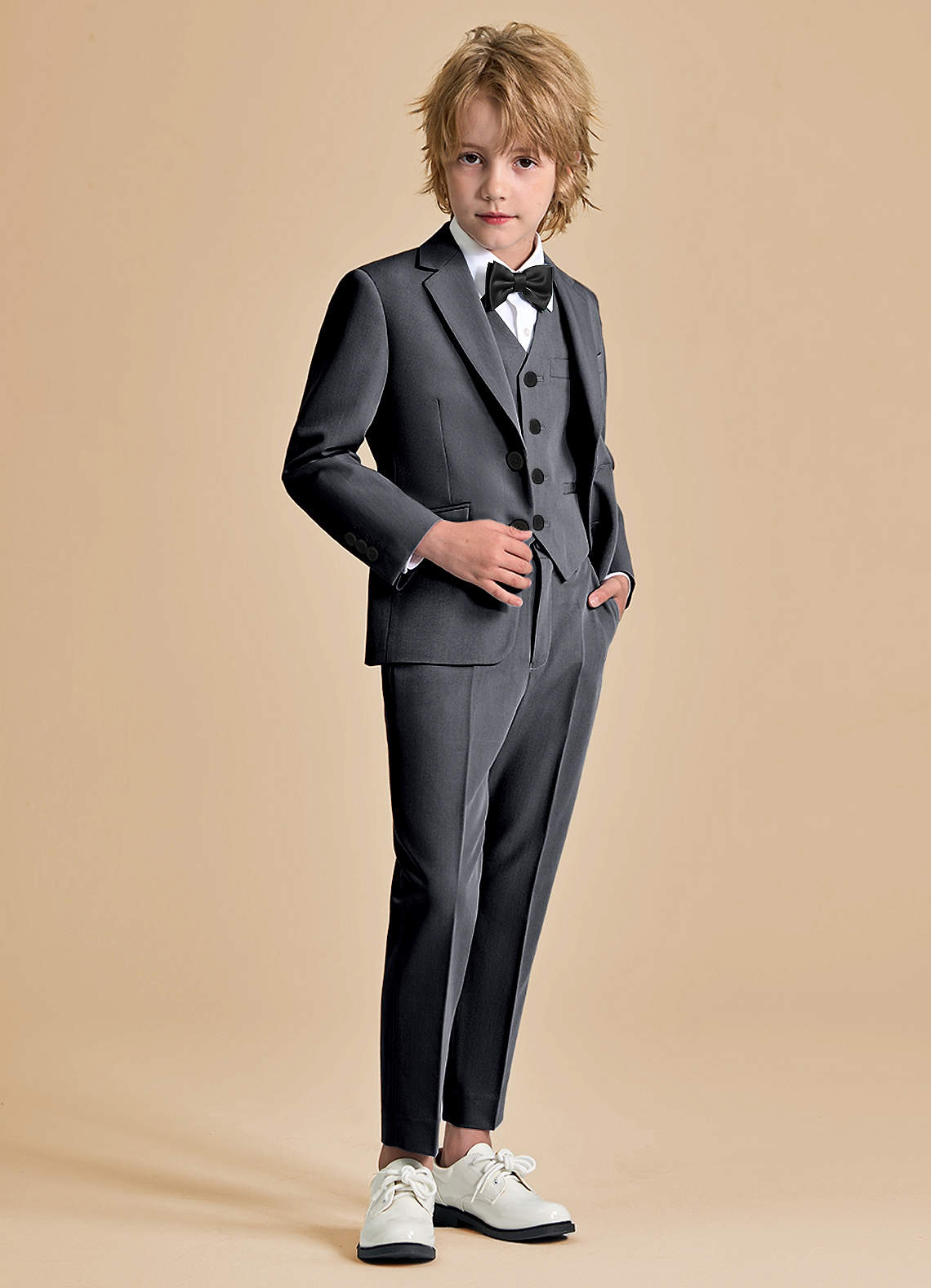 front Oliver Boys Charcoal 5-Piece Suit With Bow Tie