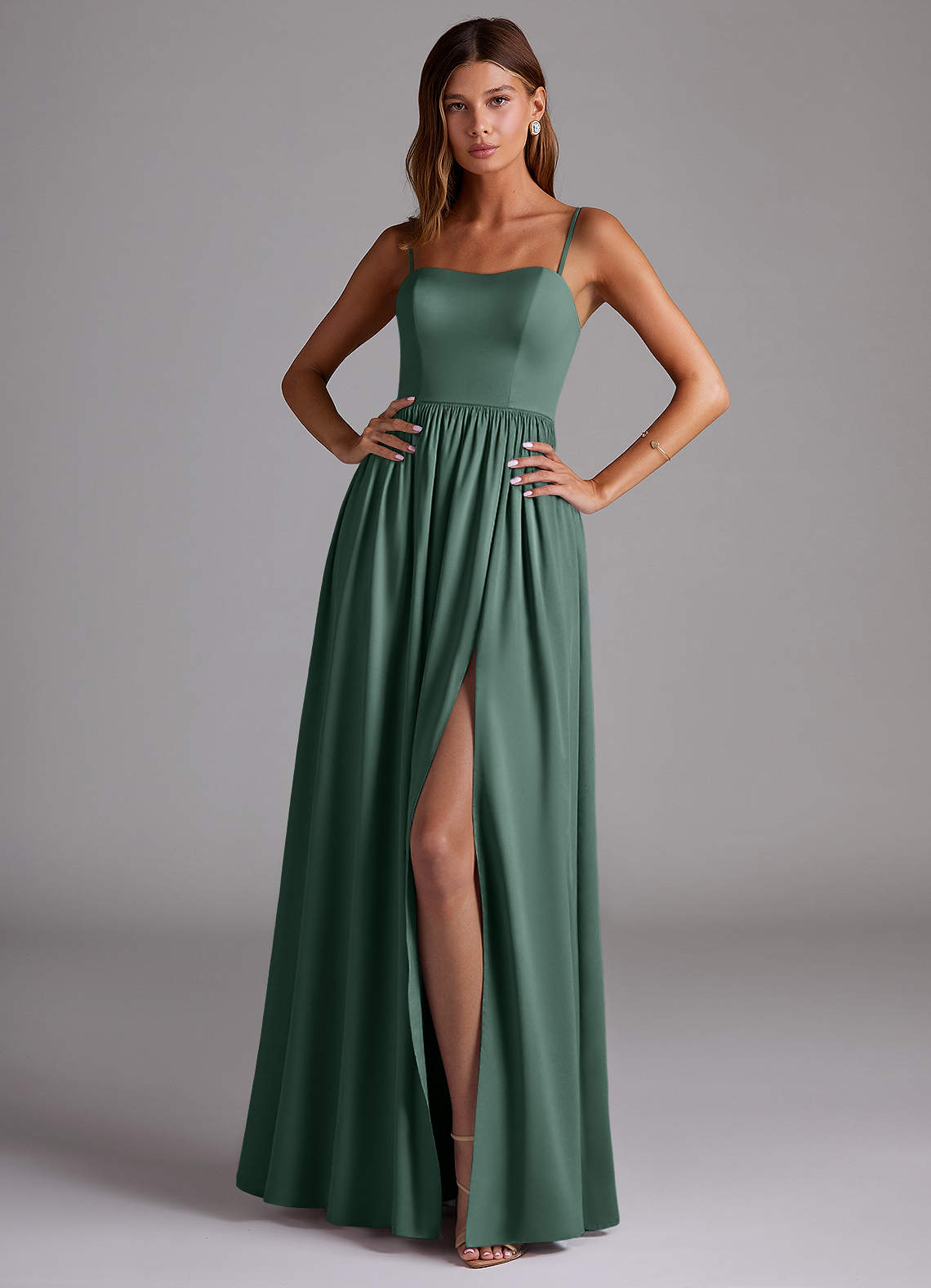 Azazie Calianna Bridesmaid Dresses Eucalyptus A-Line Off the Shoulder Stretch Satin Convertible Dress image1