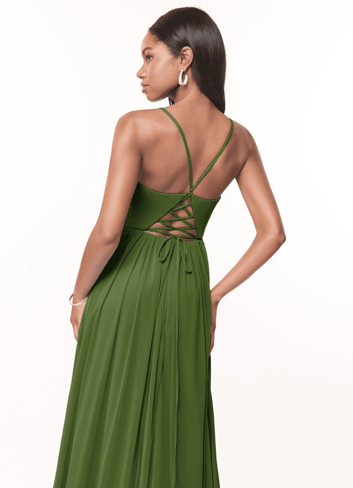 open lace back dress Olive Green Mesh Crystal Embellished Dress