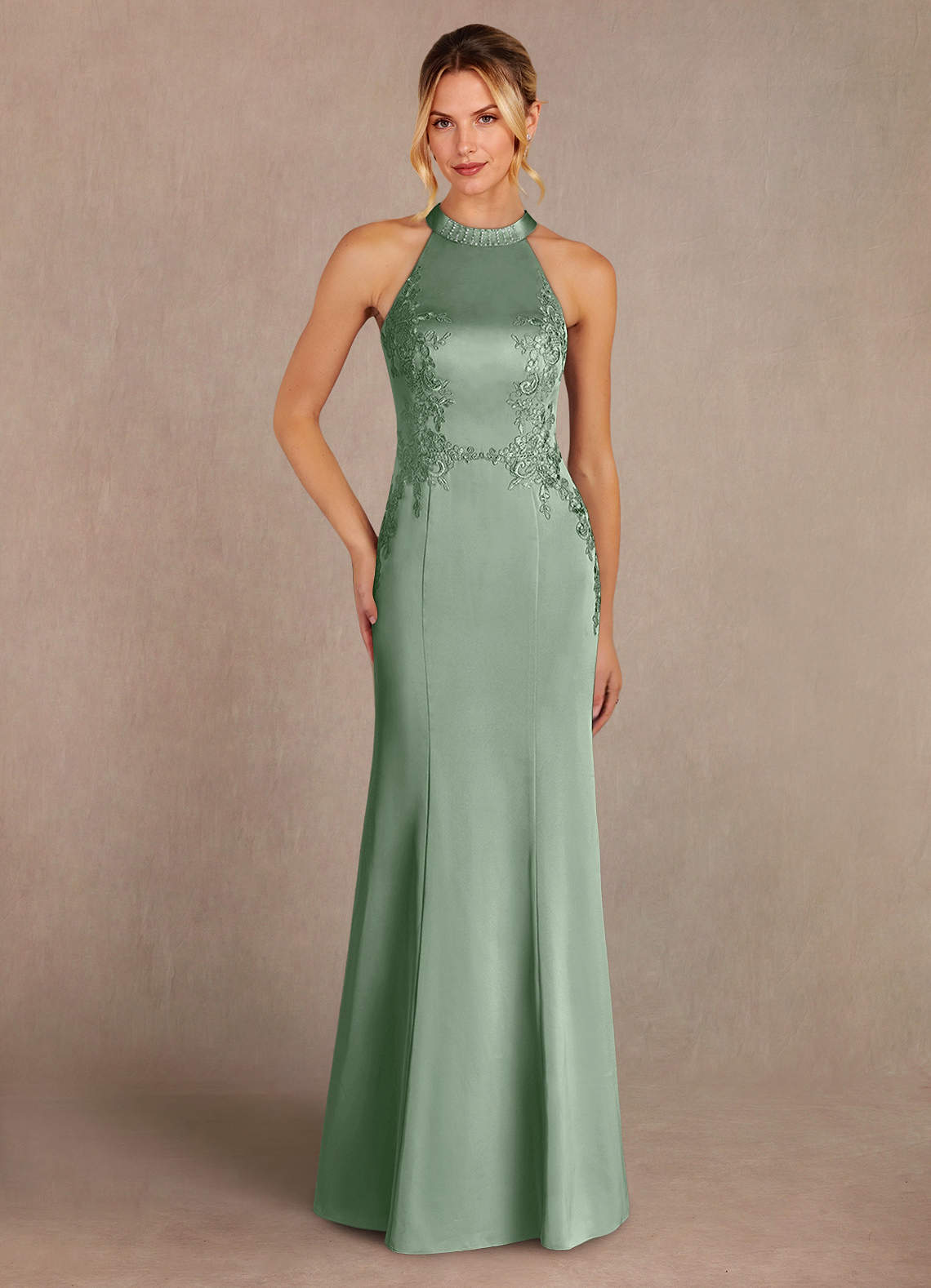 Azazie Tyra Mother of the Bride Dresses Matcha Mermaid Lace Stretch Satin Dress image1