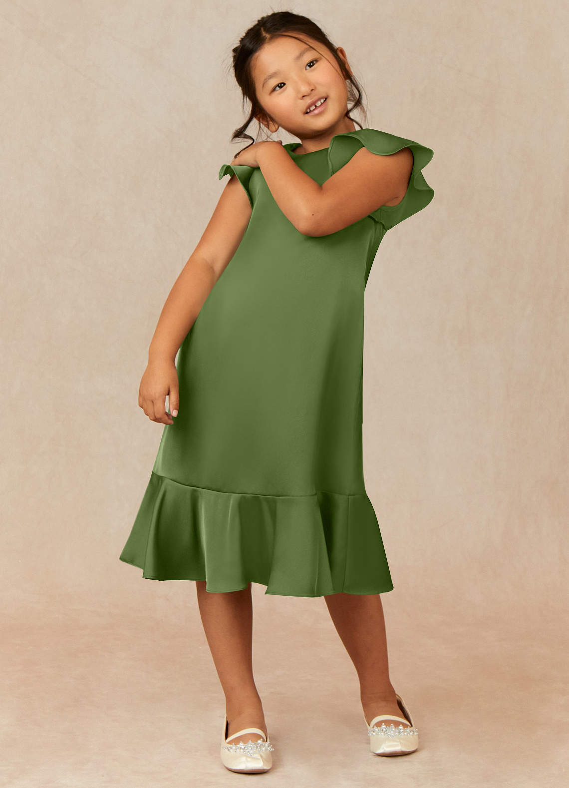 Azazie Sweet Pea Flower Girl Dresses Juniper A-Line Ruched Stretch Satin Dress image1