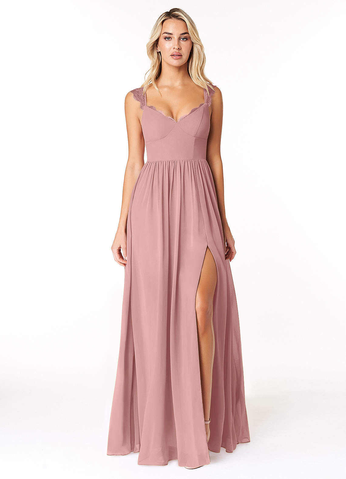 Azazie Cleobella Robes de demoiselle d'honneur Robe Trapèze en Mousseline de soie Dentelle en forme de cœur Rose Poussiéreuse image1