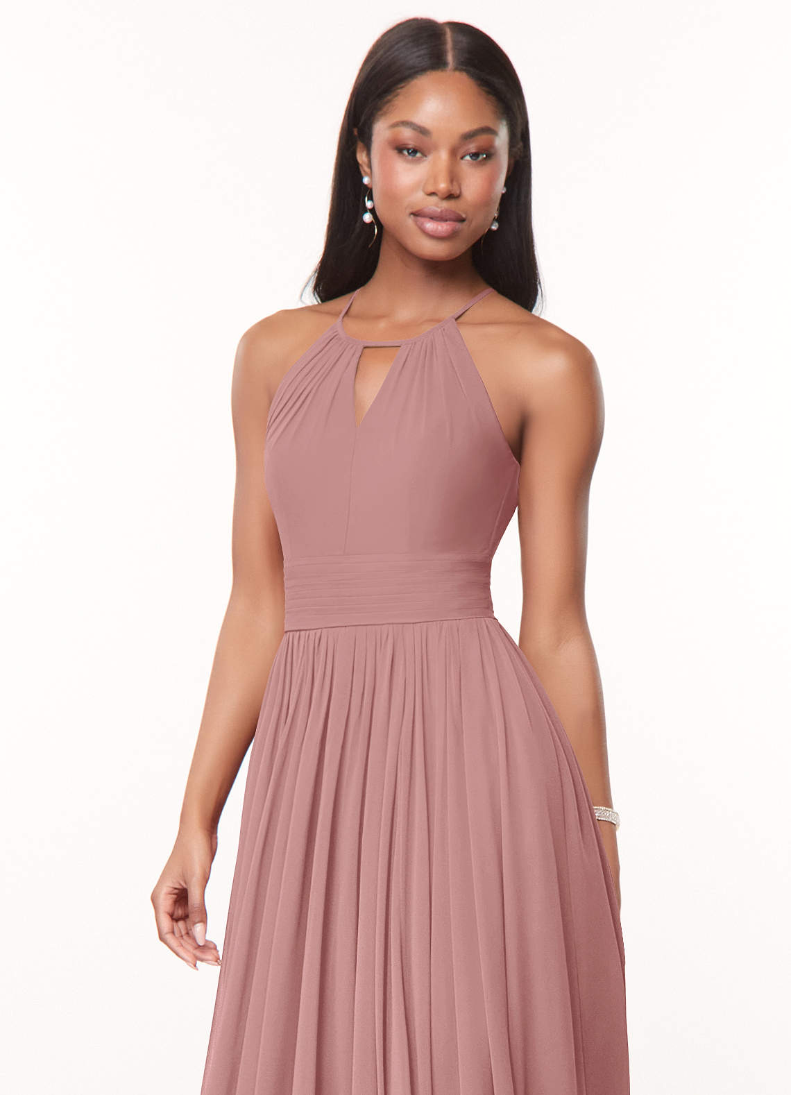 Azazie Cherish Vestidos de damas de honor Vestido de Rosa Polvorienta de Gasa de Corte en A con Plisado image1