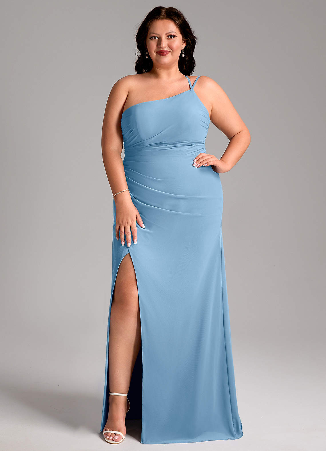 Azazie Eren Jurken voor bruidsmeisjes Jurk van Chiffon met Kolom One-Shoulder Staal Blauw image1