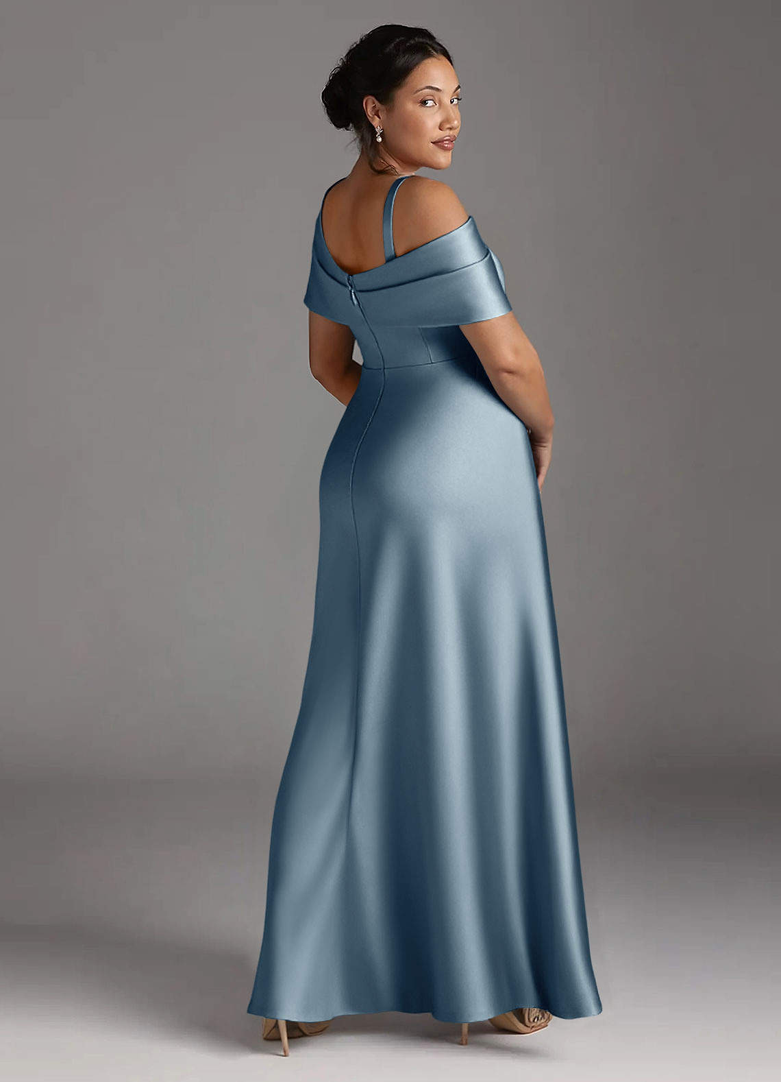 Azazie Milton Mother of the Bride Dresses Dusty Blue A-Line Pleated Stretch Satin Dress image11