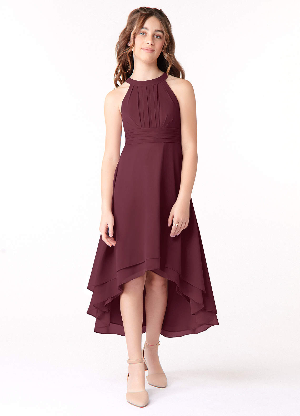 Azazie Linna Junior Cabernet A-Line Pleated Chiffon Dress image1