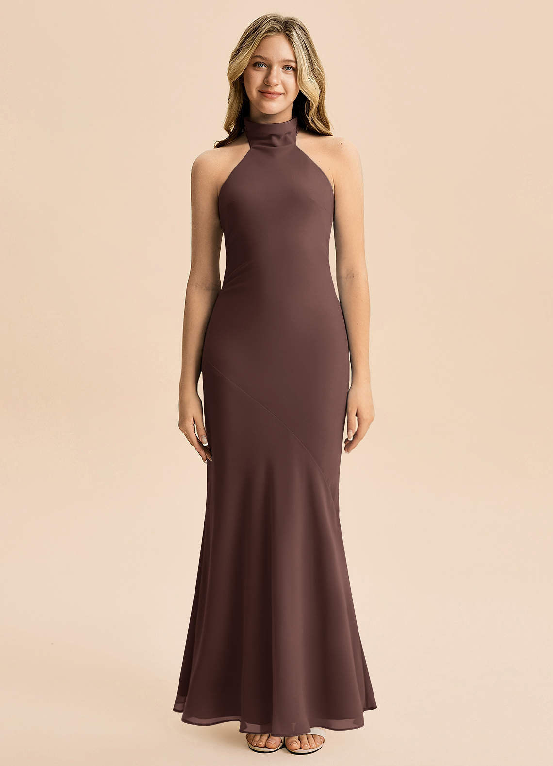 Azazie Velli Junior Meerjungfrau-Linie Hoher Kragen Chiffon Kleid Ganache image2