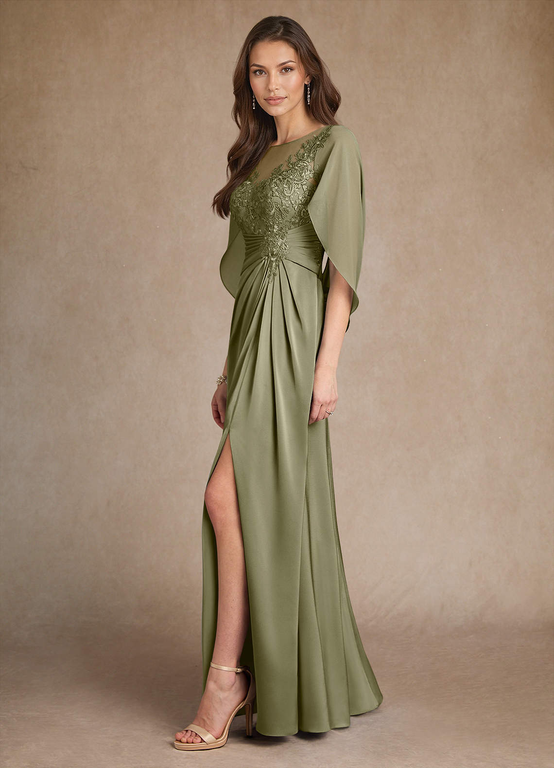Azazie Hera Mother of the Bride Dresses Pistachio A-Line Lace Stretch Satin Dress image1