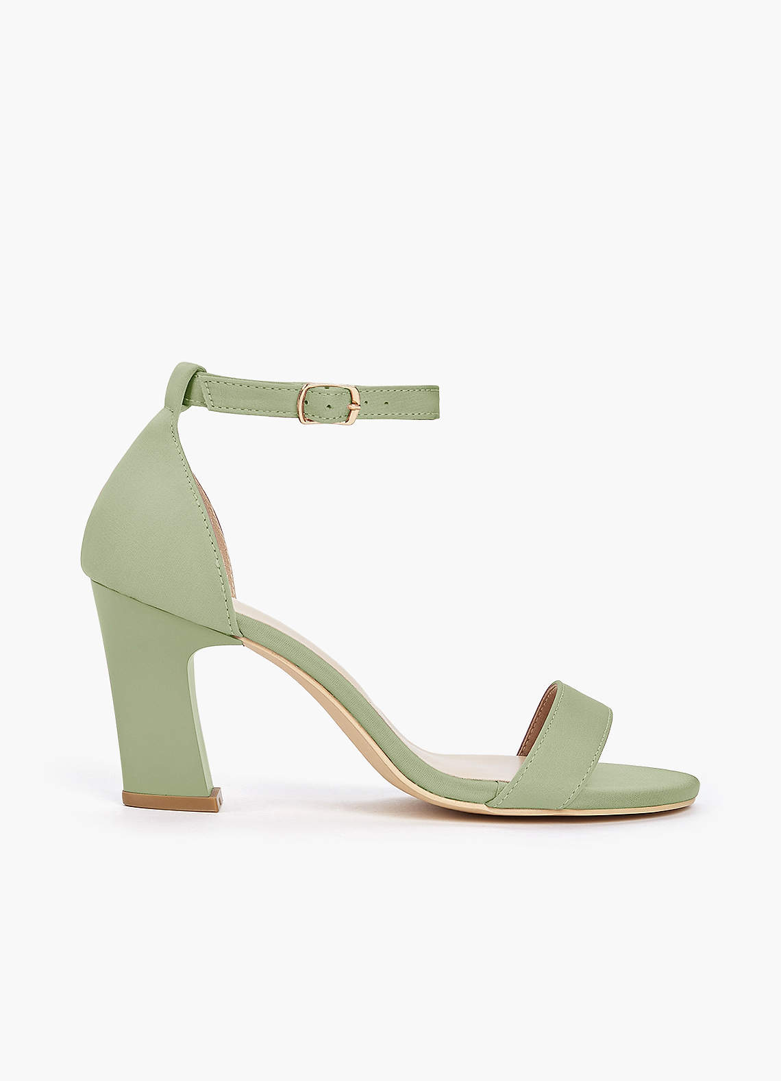 front Matching Color Stretch Satin One Strap Buckle Chunky Heel Sandals