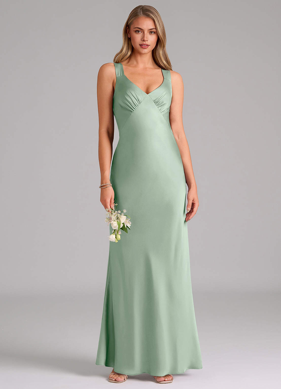 Azazie Kamila Bridesmaid Dresses Agave A-Line Pleated Stretch Satin Dress image1