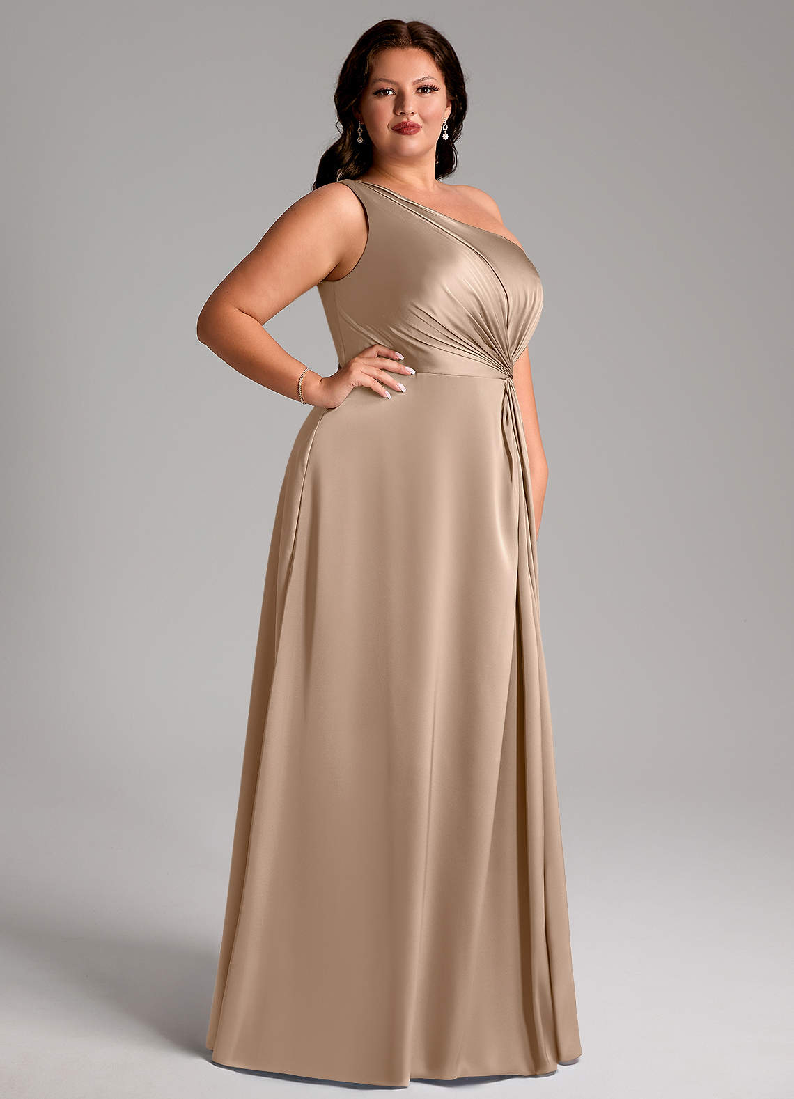 Azazie Brooke Vestidos de damas de honor Vestido de Gris Pardo de Satén Elástico de Corte en A con Hombro unilateral image10