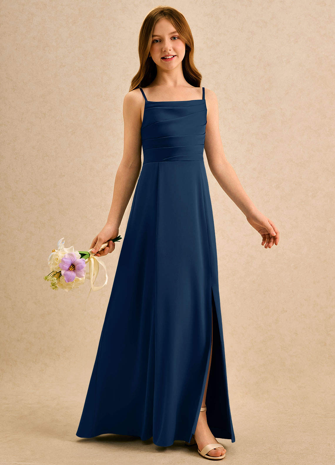 Azazie Chamomile Girls Formal Dark Navy A-Line Pleated Stretch