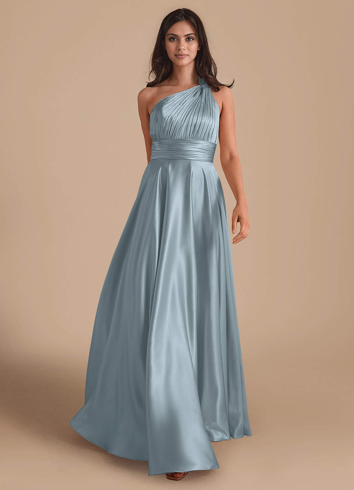 Azazie Charlize Bridesmaid Dresses Dusty Blue A-Line One Shoulder Metallic Satin Dress image1