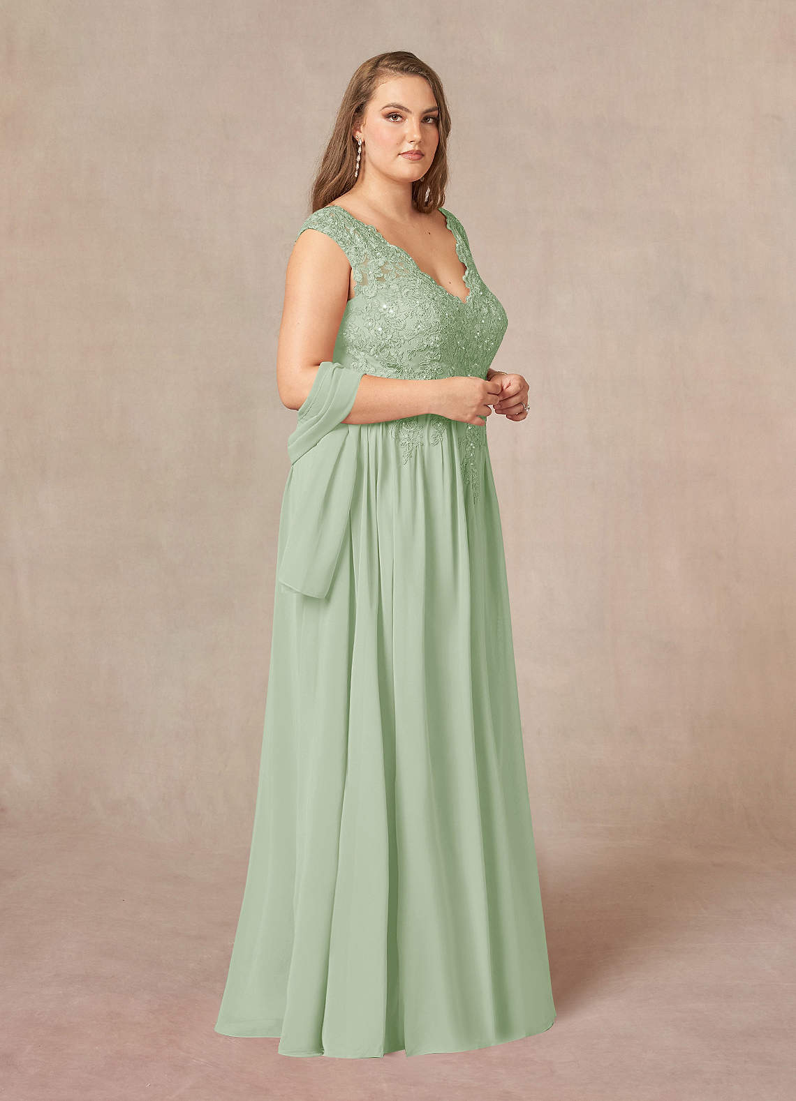A-line V-Neck Long Sleeve Chiffon Dress Dusty Sage Plus Size main image 1