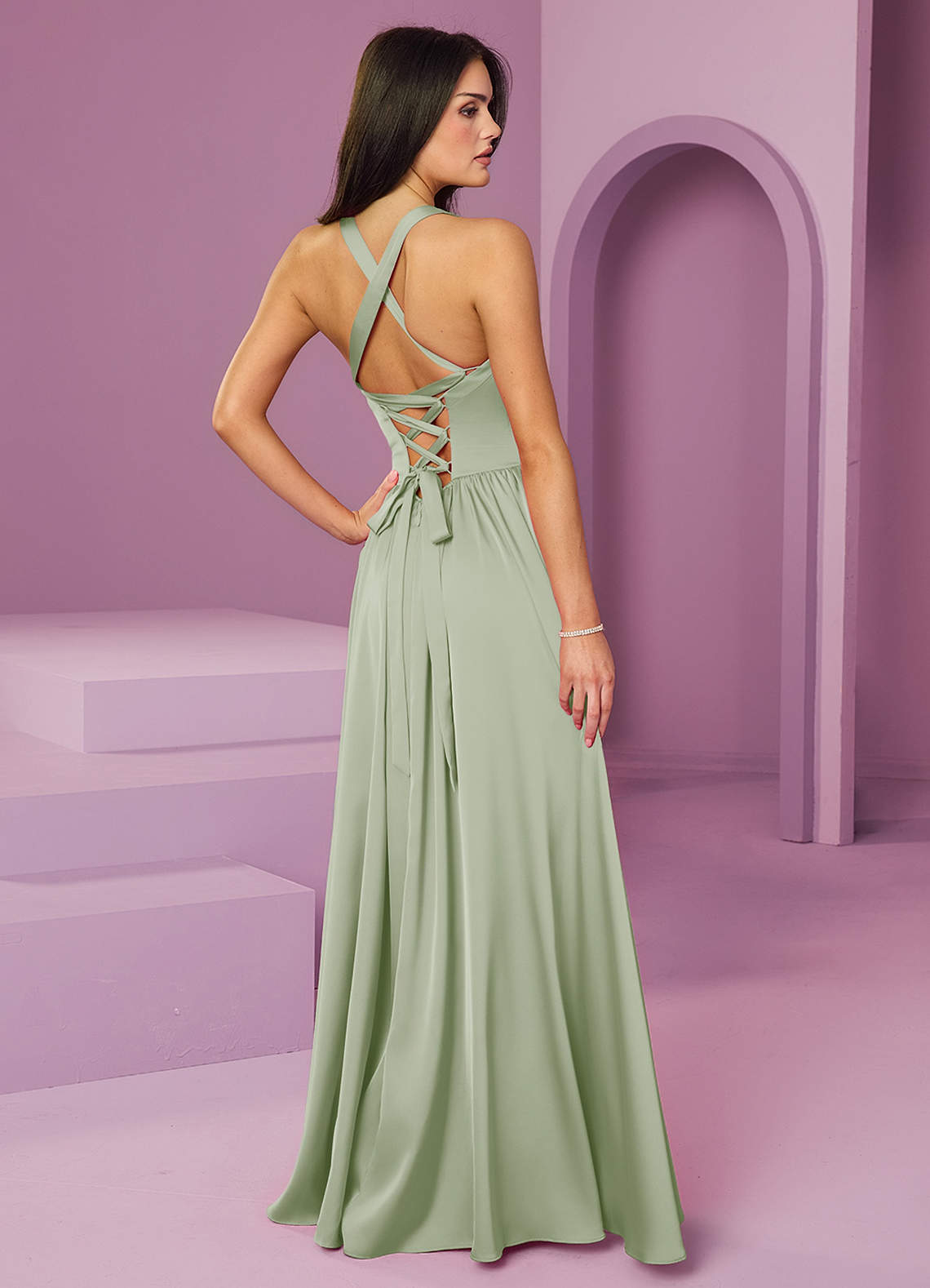 Barbie ♥ Azazie Bridesmaid Dresses Dusty Sage A-Line with Pockets Stretch Satin Dress image1