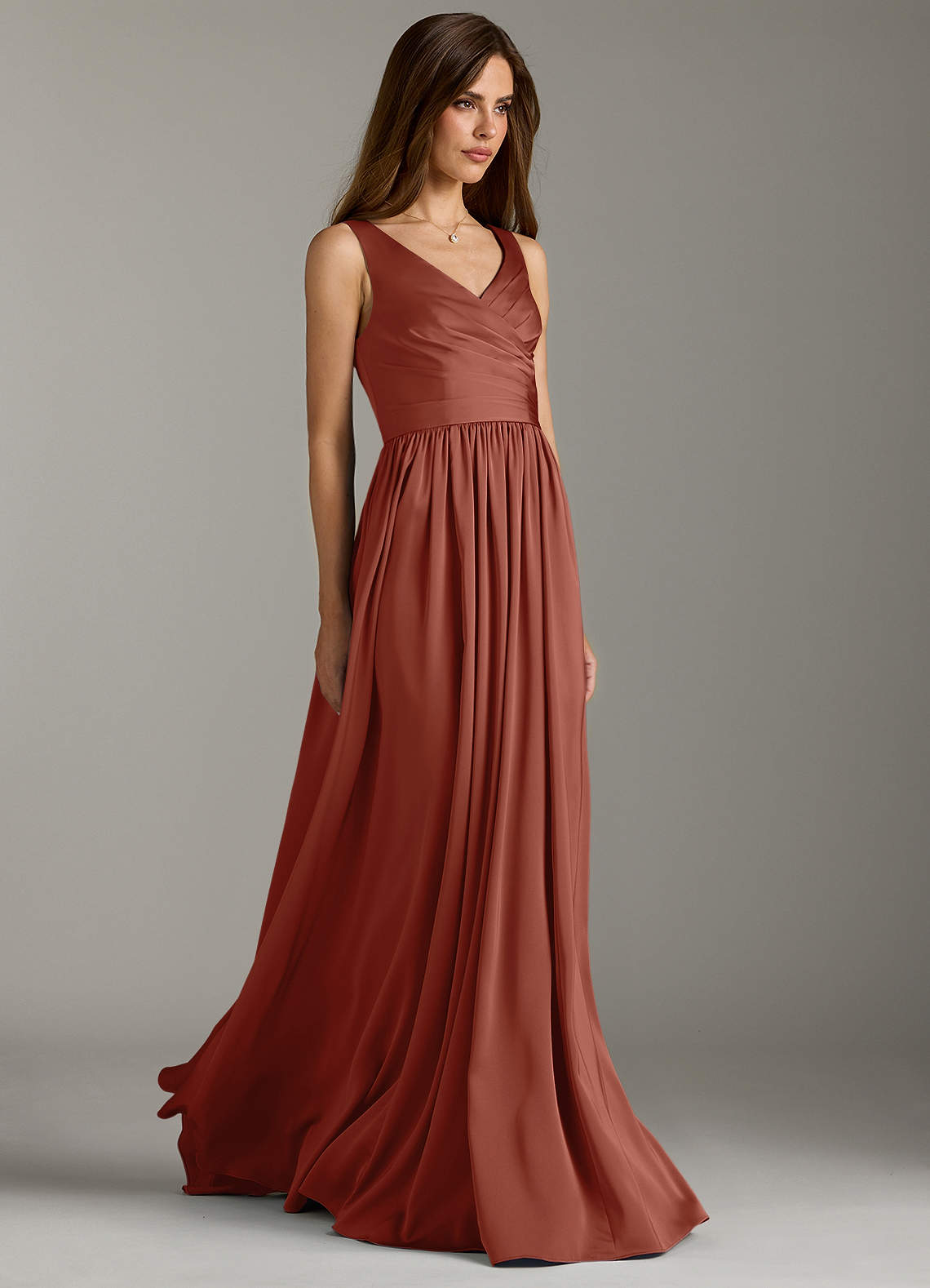 Azazie Keyla Bridesmaid Dresses Auburn A-Line Pleated Stretch Satin Dress image1