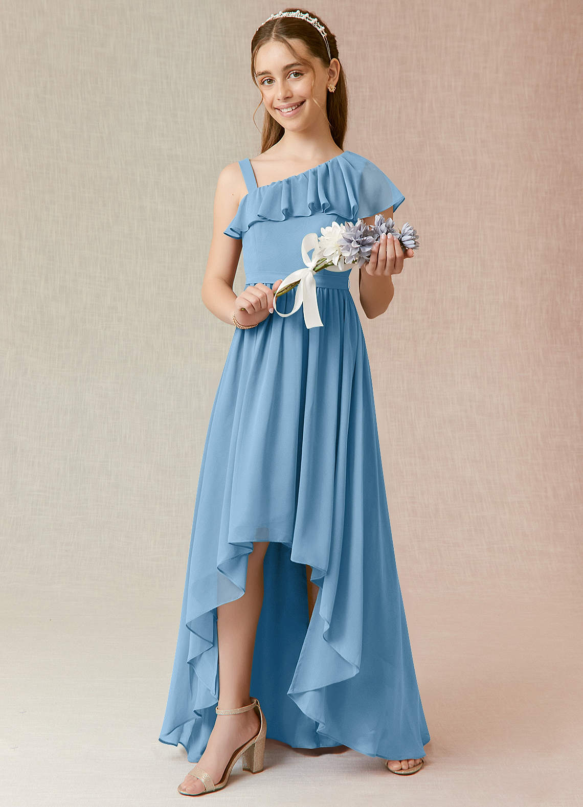 Azazie Mango Junior Steel Blue A-Line Ruched Chiffon Dress image1