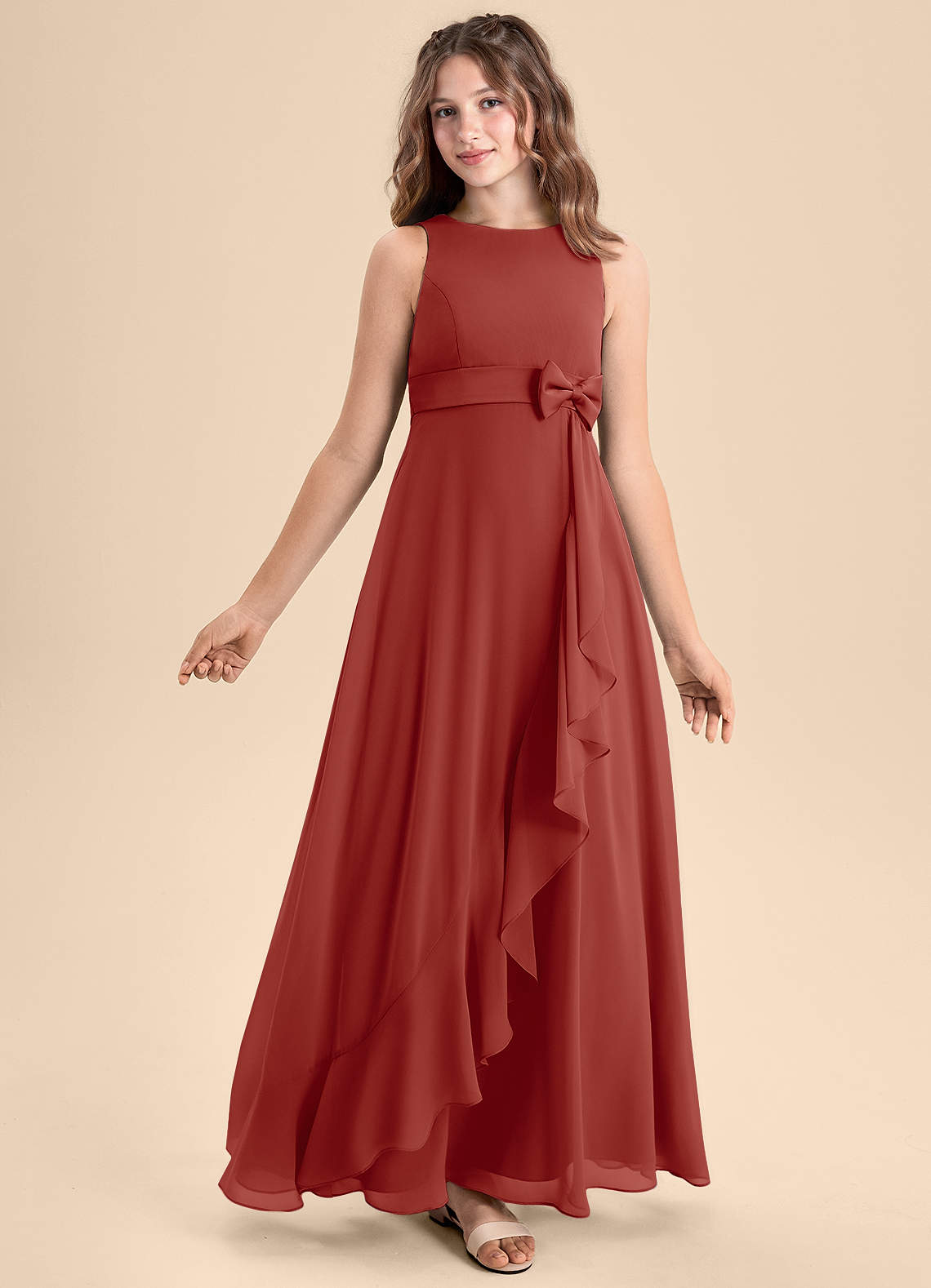 Azazie Lilenne Junior A-Linie Schleifen Chiffon Kleid Terrakotta image1