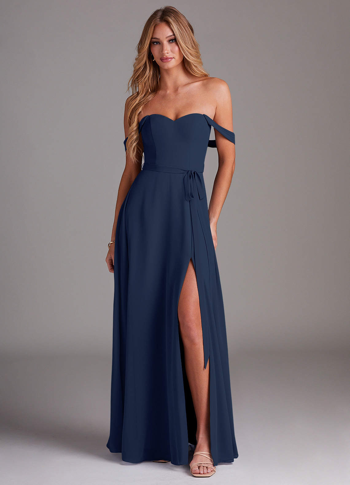 Azazie Aaron Bridesmaid Dresses Dark Navy A-Line Off the Shoulder Chiffon Convertible Dress image1