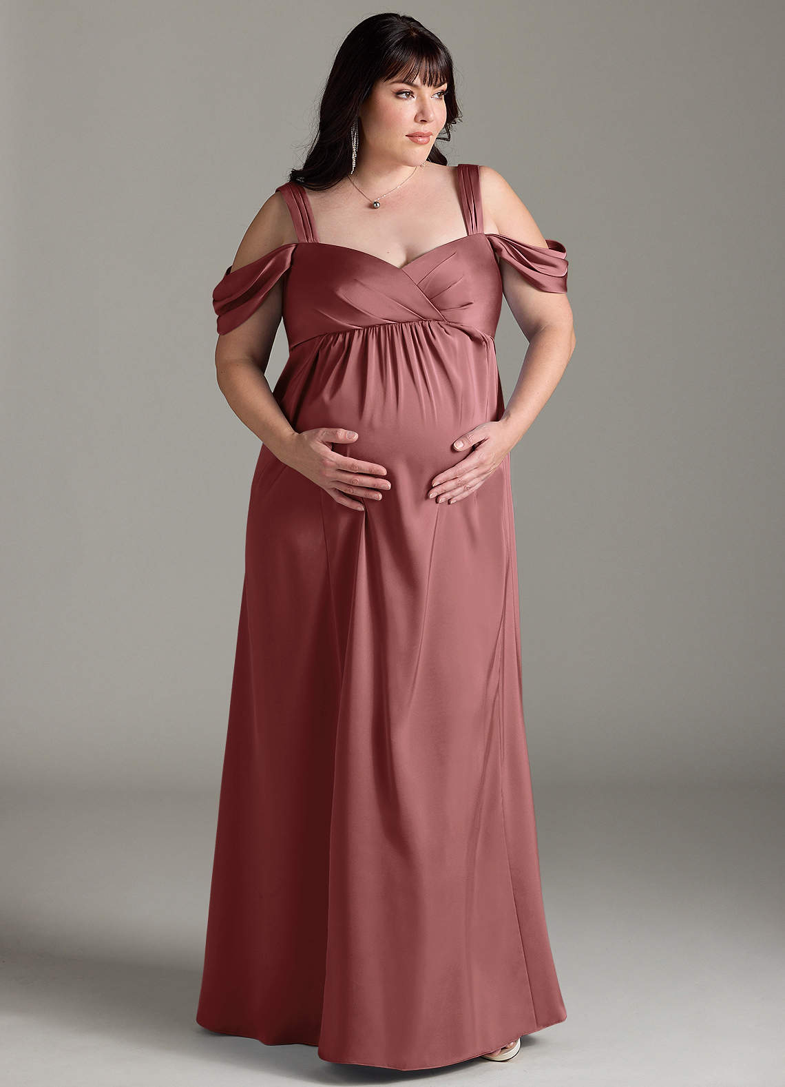 Azazie Rhea At-home Try On Dresses A-Line Off-The-Shouler Pleated Stretch Satin Floor-Length Dress image7