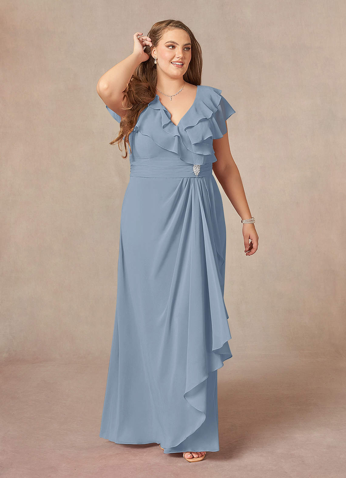 Azazie Snapdragon Kleider für die Brautmutter A-Linie V-Hals Gerüscht Chiffon Kleid Staubblau image1