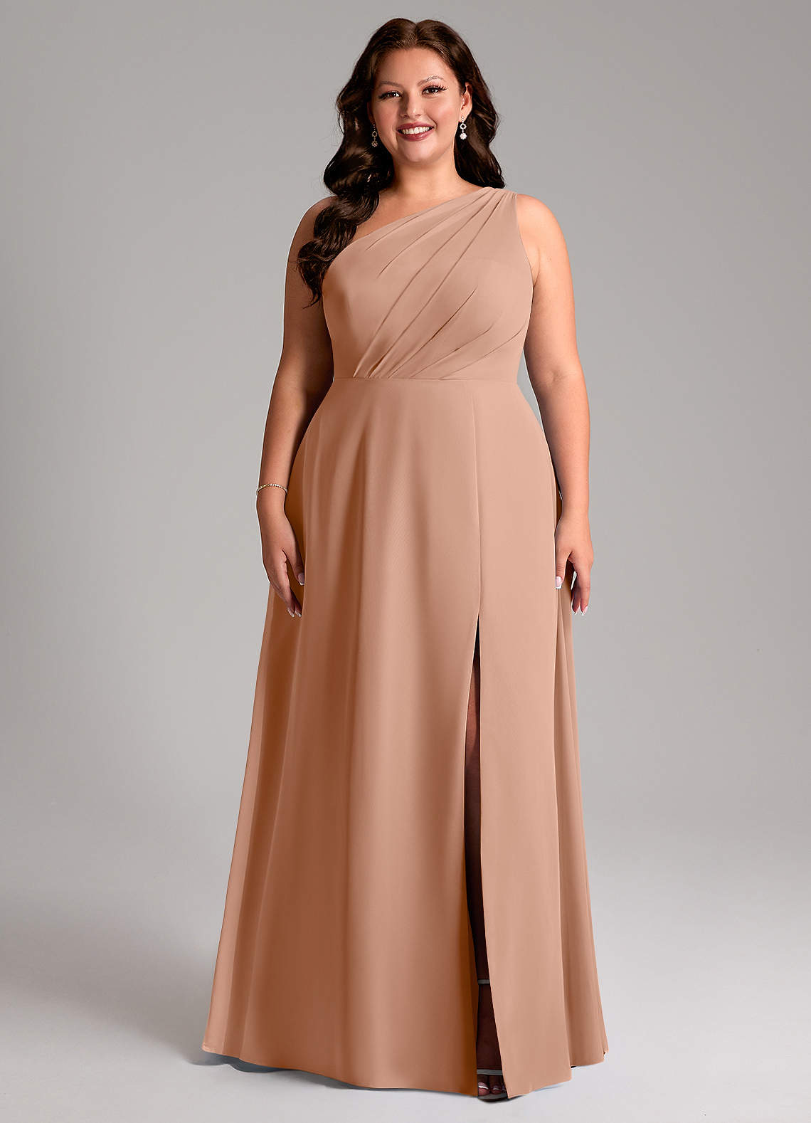 Azazie Phaedra Bridesmaid Dresses Champagne Rose A-Line One Shoulder Chiffon Dress image1