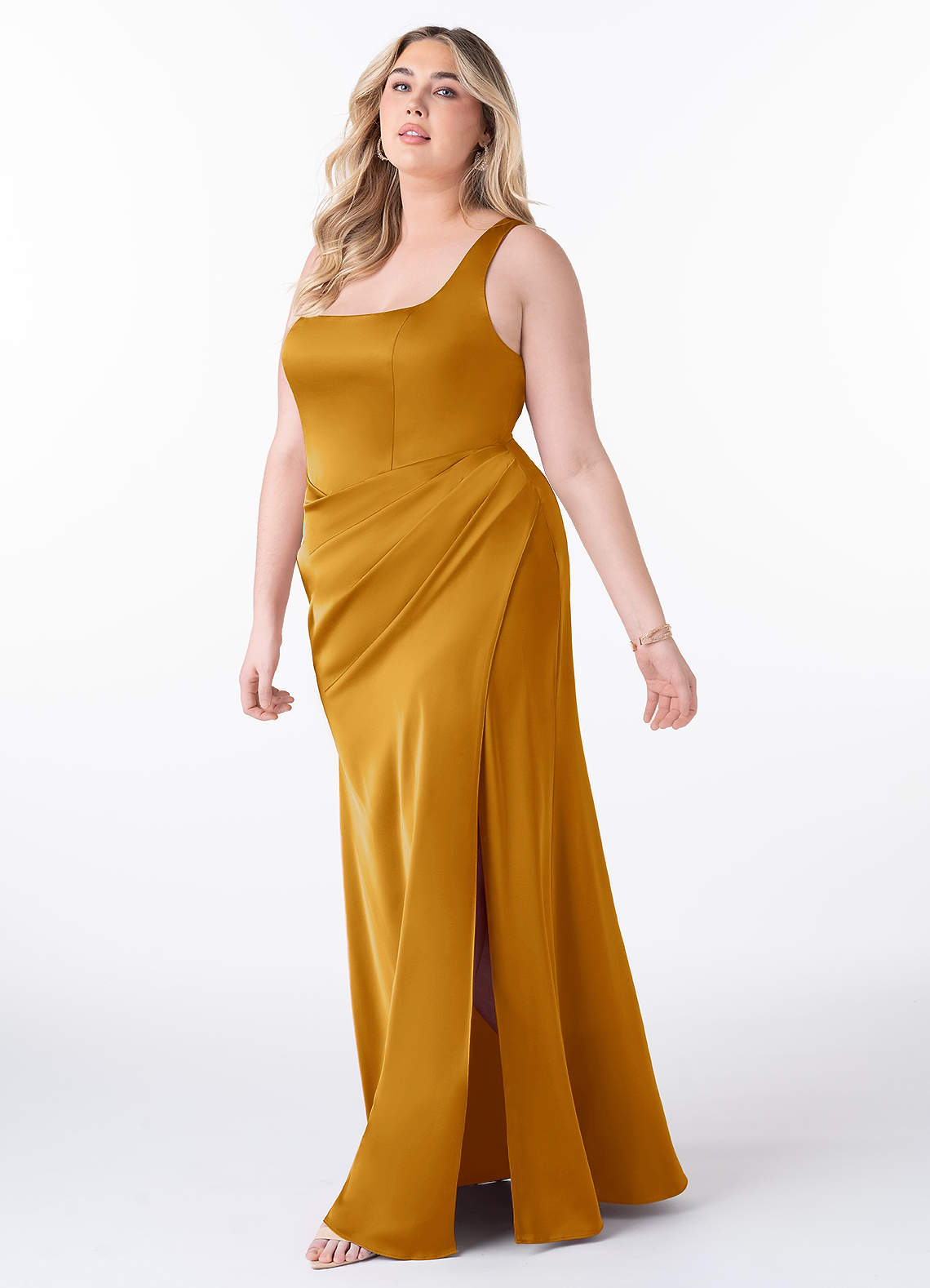 hitherto bridesmaid dress Azazie Mero Butterscotch Stretch Satin Dresses july2026collection Back Zip Sleeve Length Lets have some Fun! Size:Small 10
