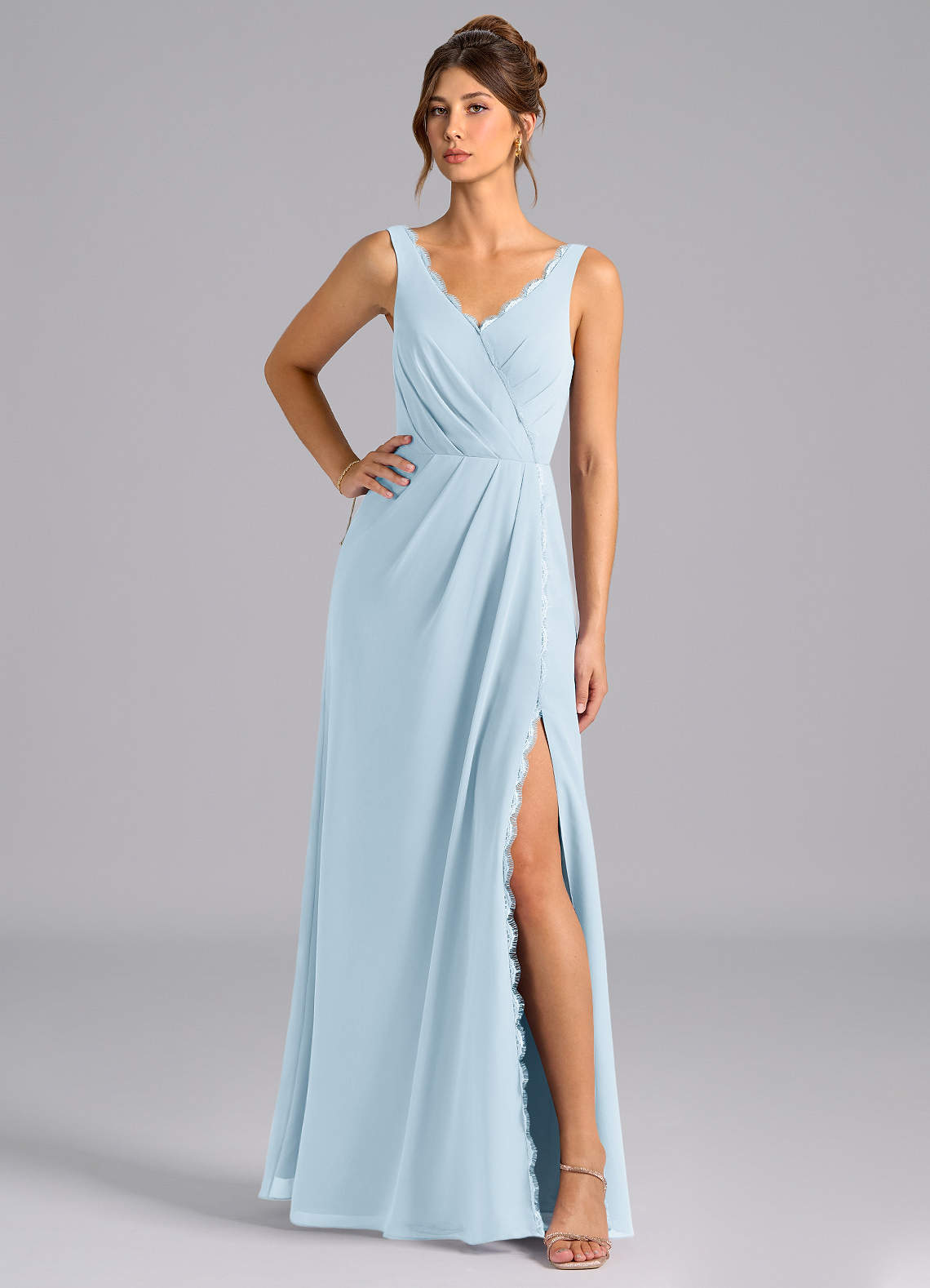 Azazie Bernice Abiti da Damigella Abito A-Line in Chiffon Plissettato Azzurro image1