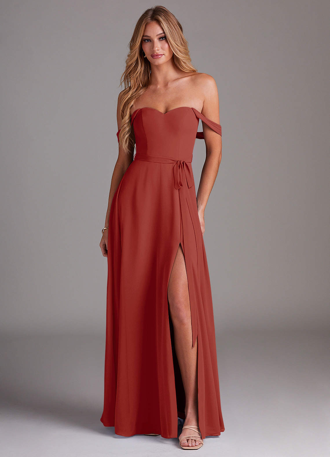 Azazie Aaron Bridesmaid Dresses Terracotta A-Line Off the Shoulder Chiffon Convertible Dress image1