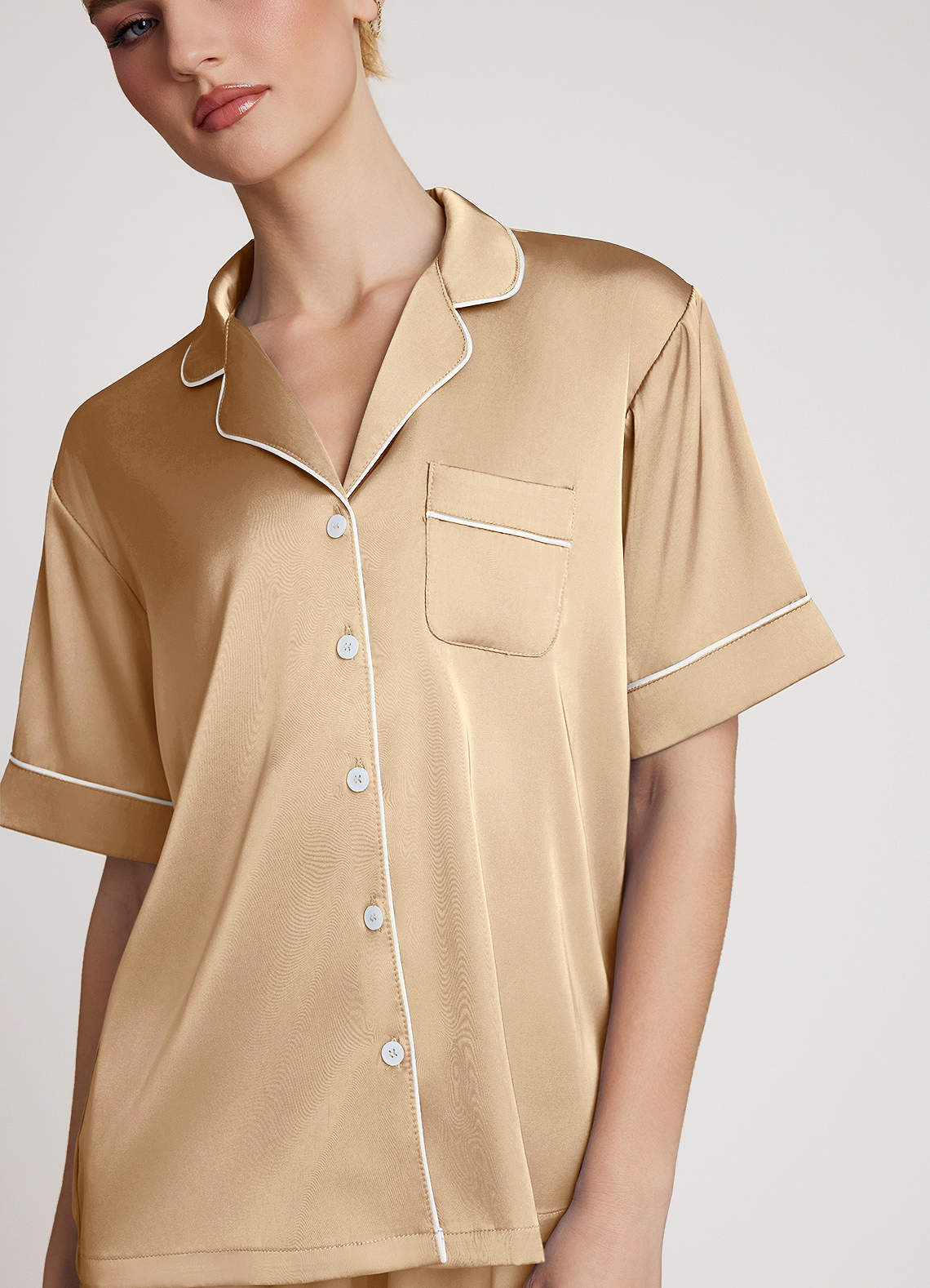 front Satin Contrast Piping Pajama Set