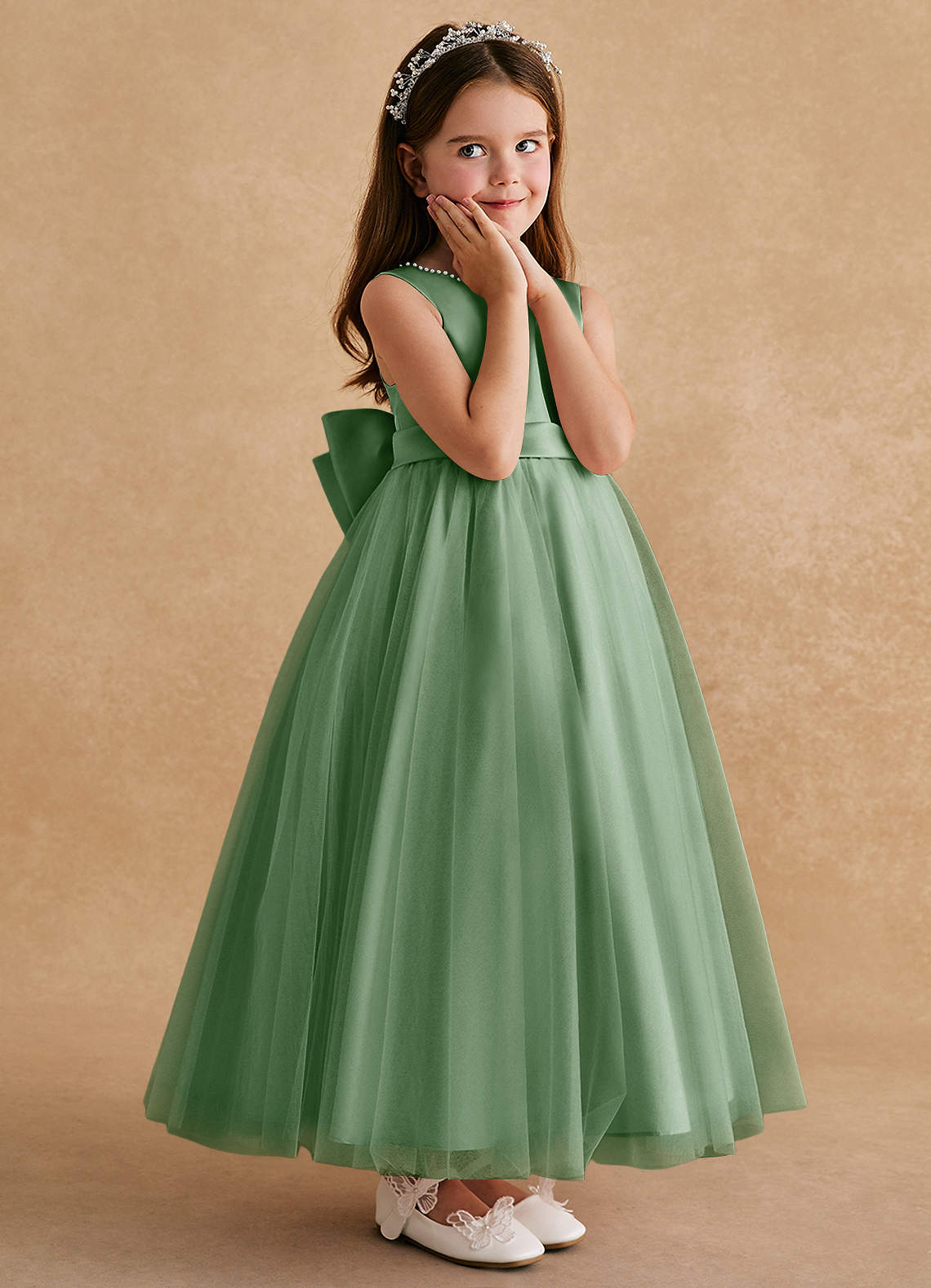 Azazie Cookie Flower Girl Dresses Matcha A-Line Bow Tulle Dress image2