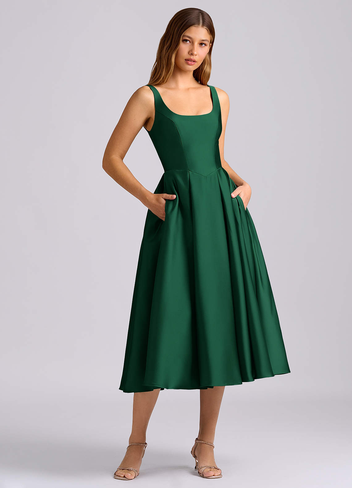 Azazie A-Line Square Neck Tea-Length Stretch Satin Bridesmaid Dresses - Dark Green