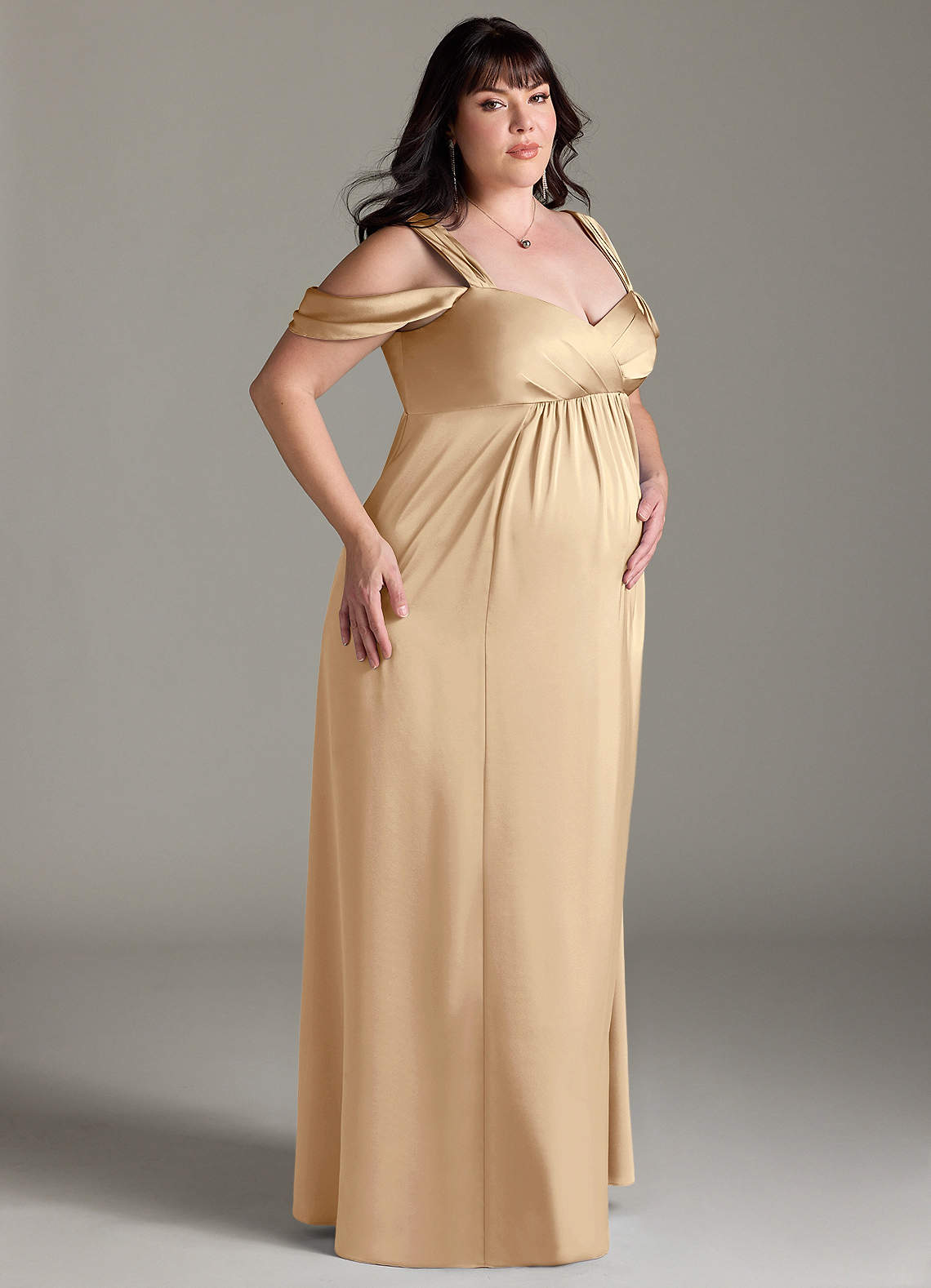 Azazie Rhea Maternity Bridesmaid Dresses A-Line Off-The-Shouler Pleated Stretch Satin Floor-Length Dress image9