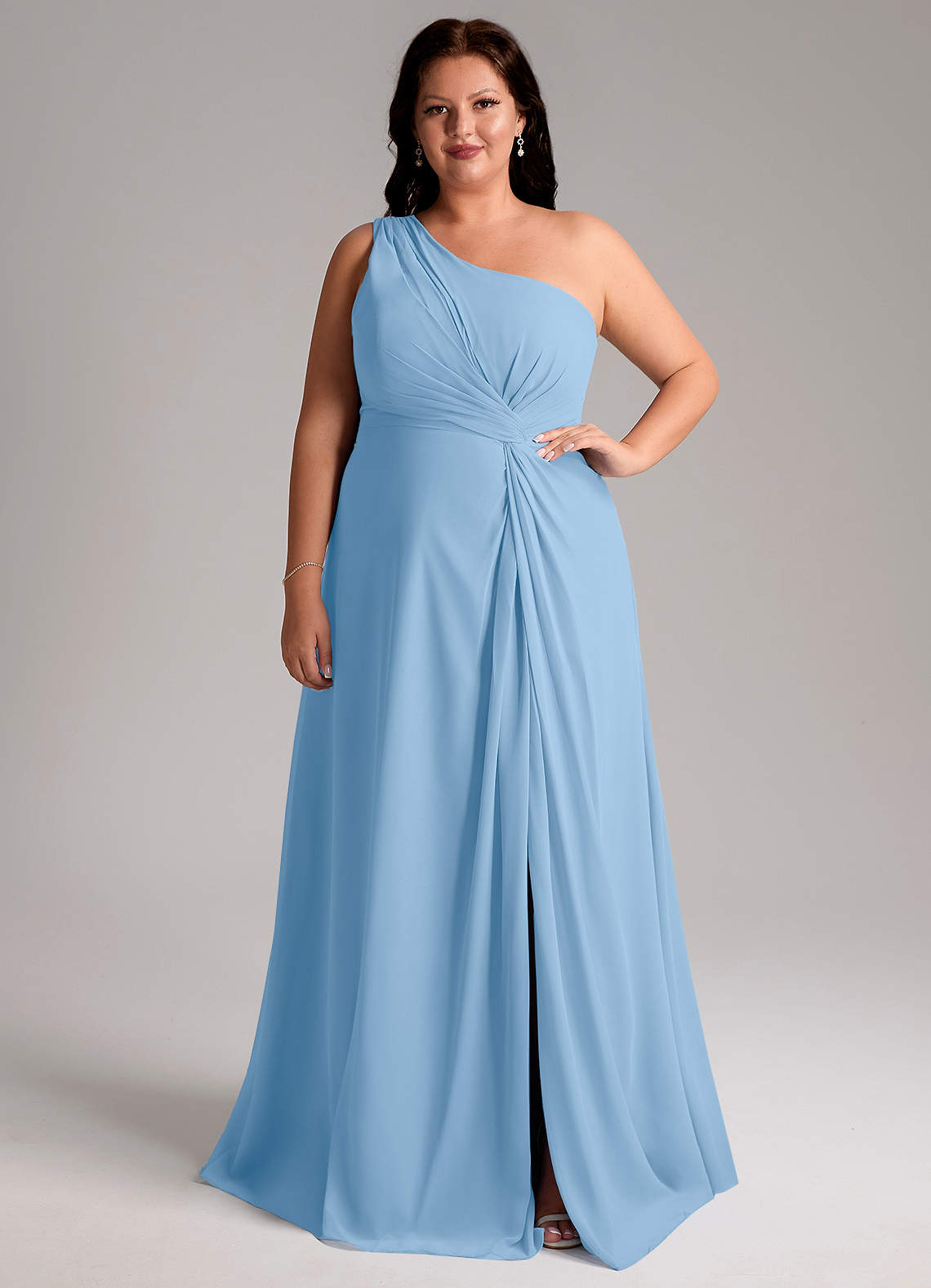 Azazie Brooke Bridesmaid Dresses Powder Blue A-Line One Shoulder Chiffon Dress image7