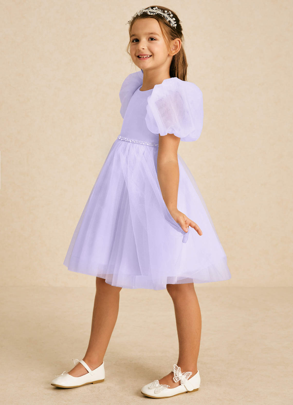 Azazie Blondie Flower Girl Dresses Lilac A-Line with Sleeves Tulle Dress image1