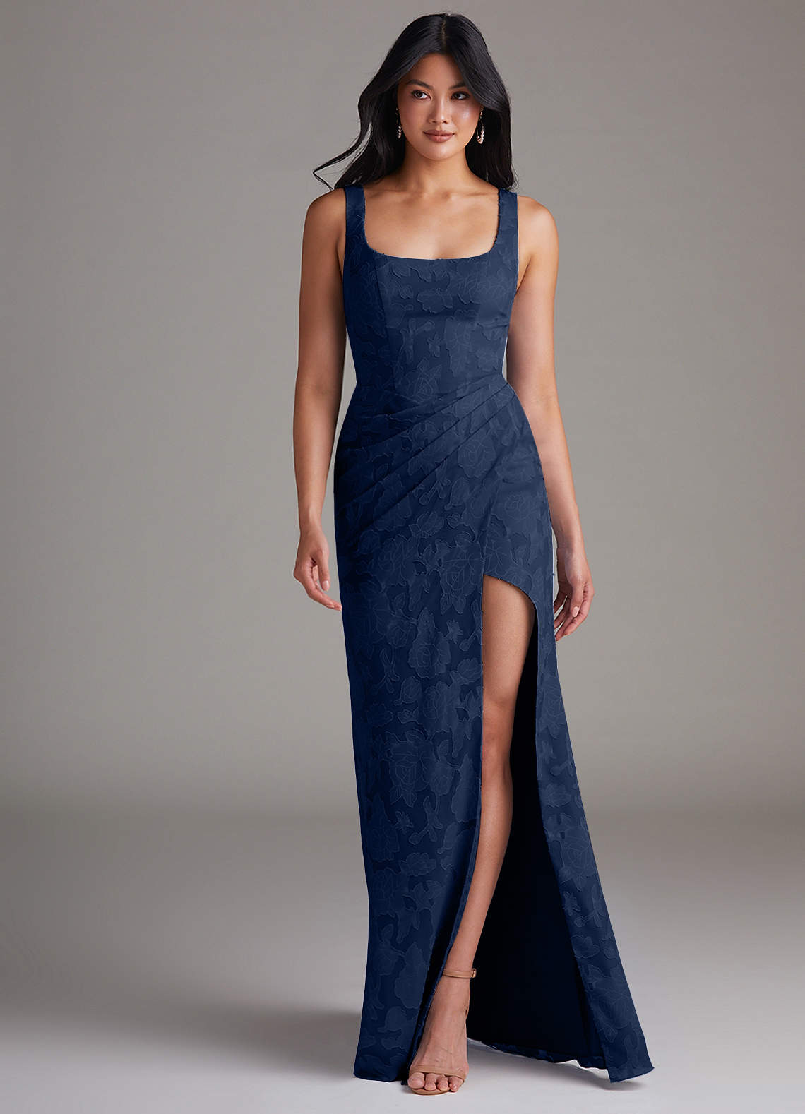 Azazie Mero Bridesmaid Dresses Dark Navy Sheath Pleated Floral Burnout Dress image3