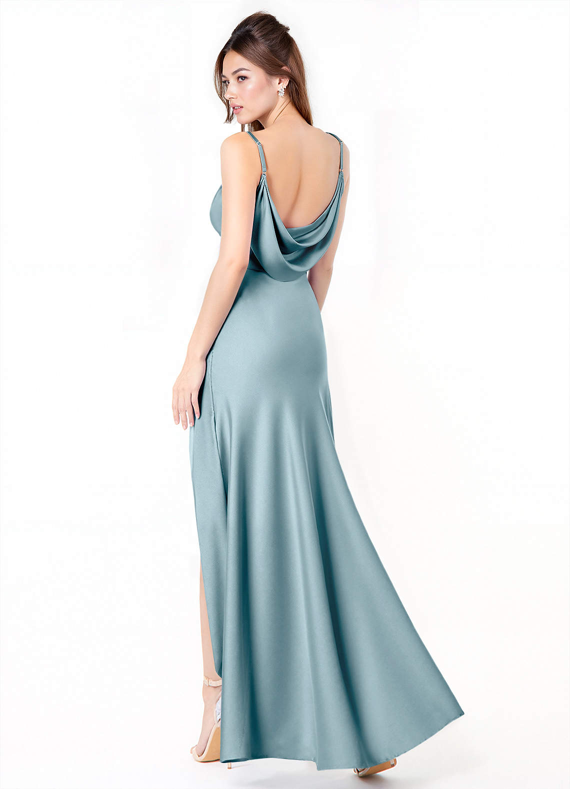Azazie Alaija Bridesmaid Dresses Moody Blue Mermaid Side Slit Stretch Satin Dress image1