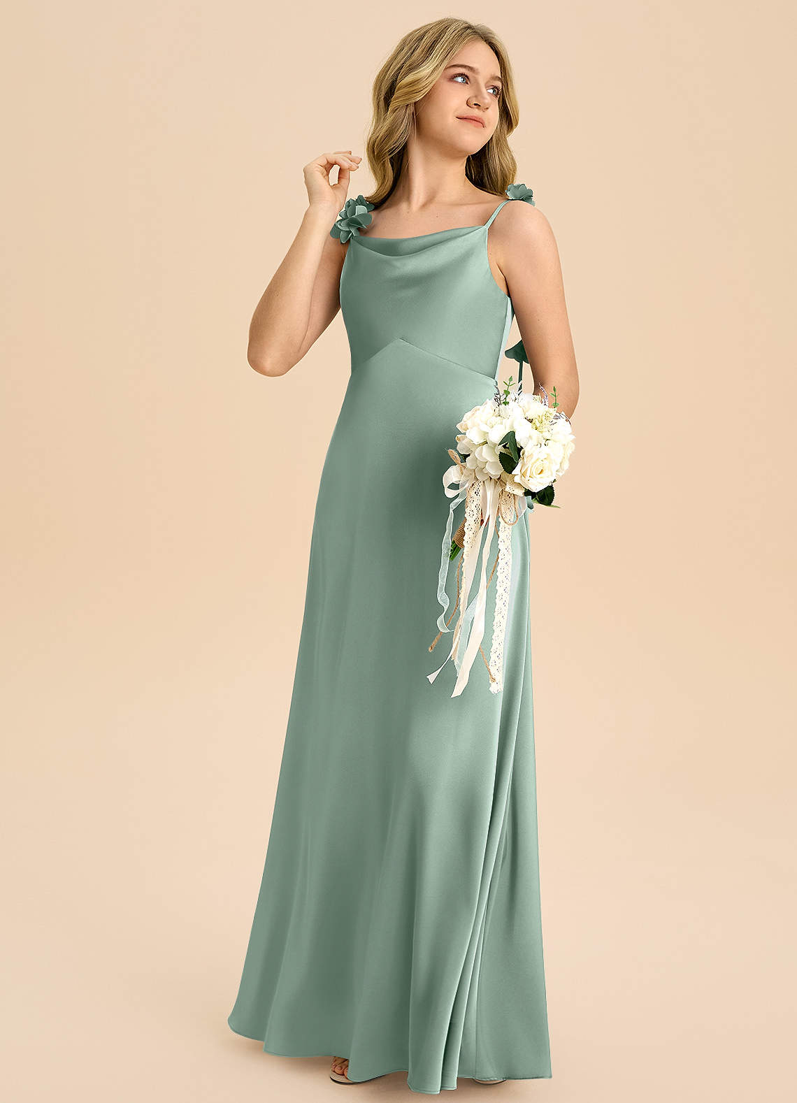 Azazie Gumdrop Junior Agave Empire Pleated Stretch Satin Dress image3