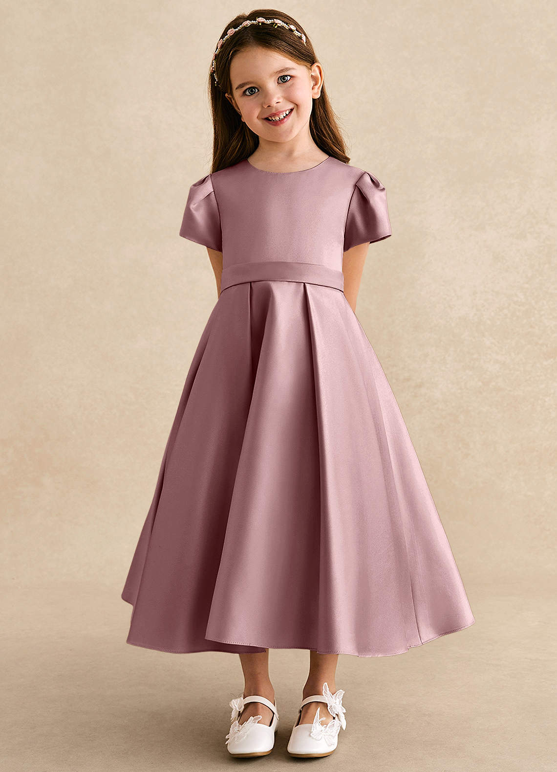 Azazie Princess Flower Girl Dresses Dusty Rose A-Line Pleated Matte Satin Dress image5