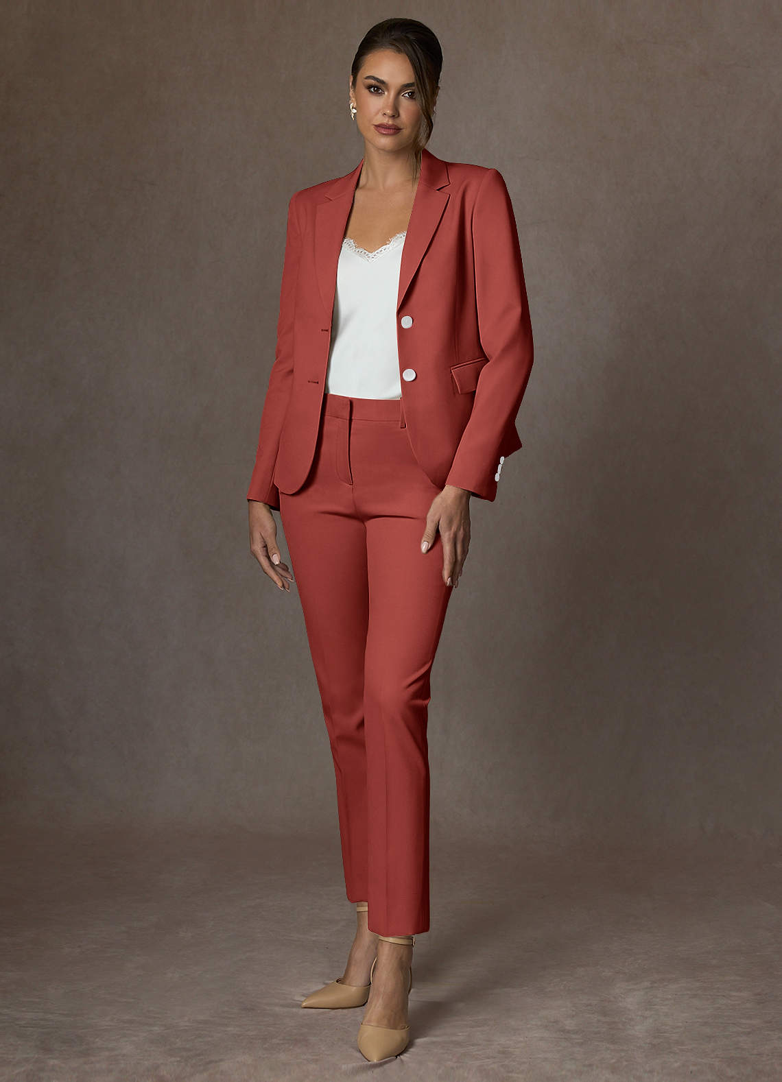front Whitney Terracotta Structured Stretch Full Length Pants Suit