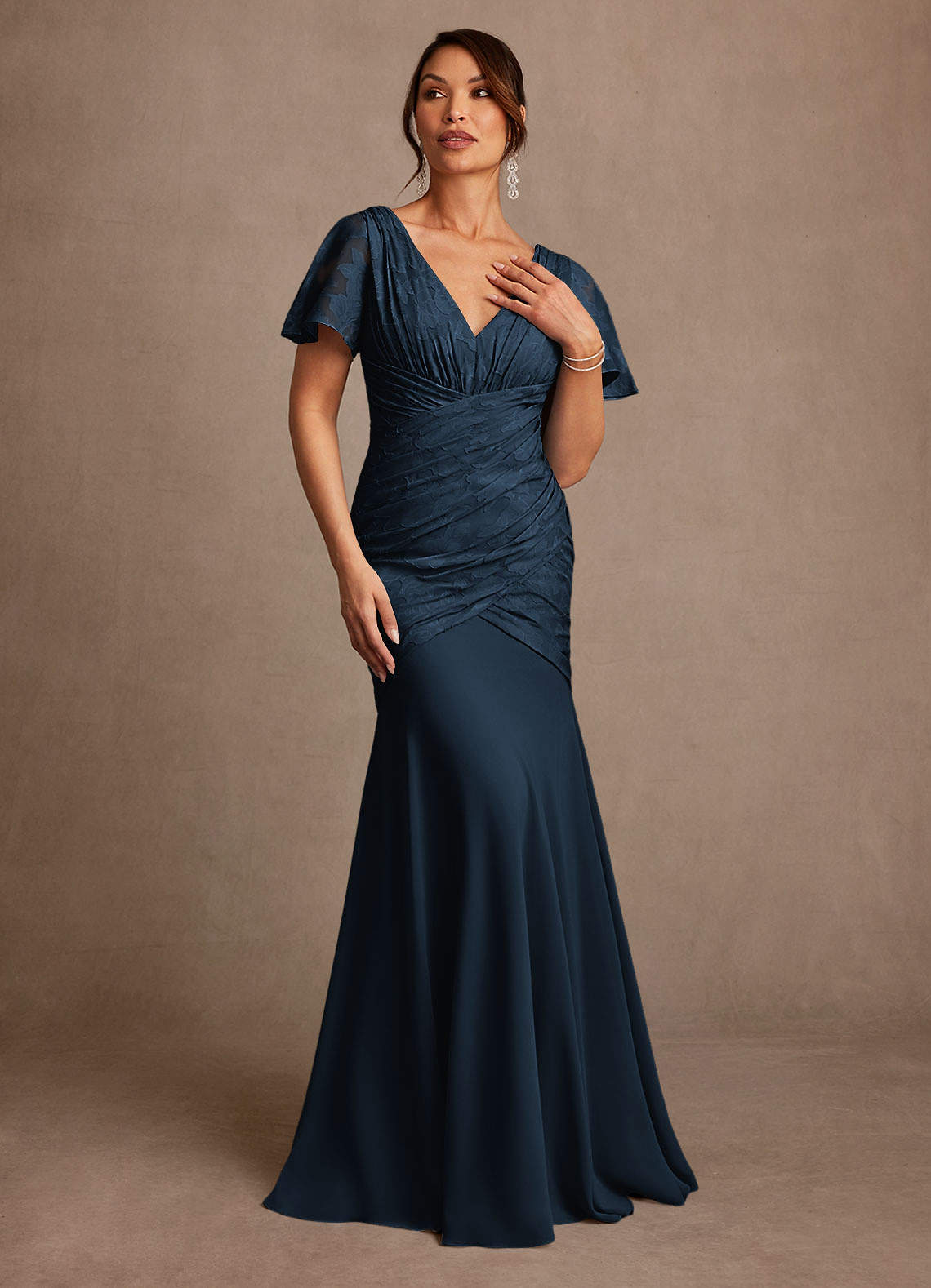 Azazie Jolene At-home Try On Dresses Dark Navy Mermaid Pleated Floral Burnout Dress image3
